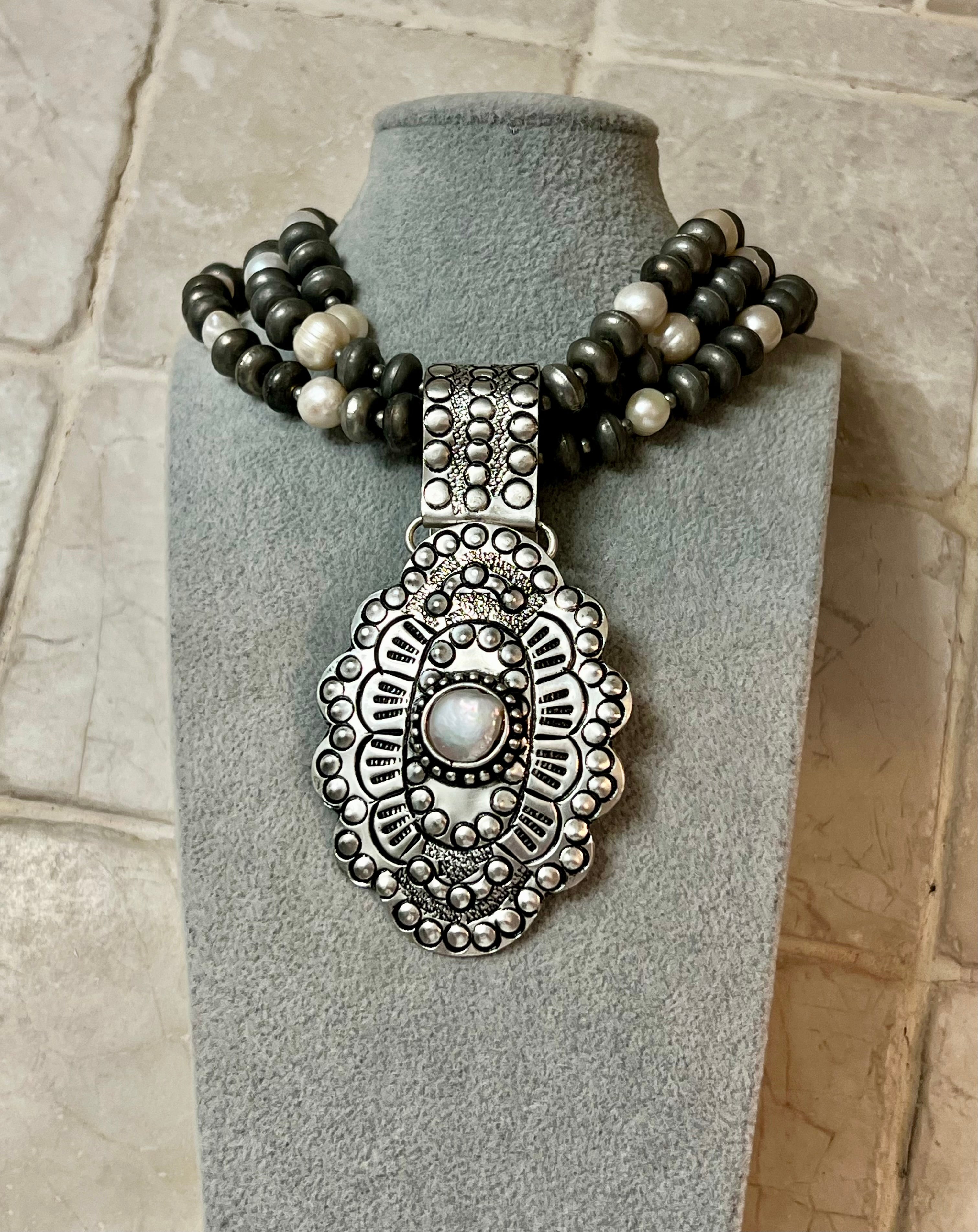 Silver-Plated Three Strand Brass Concho Pearl Necklace