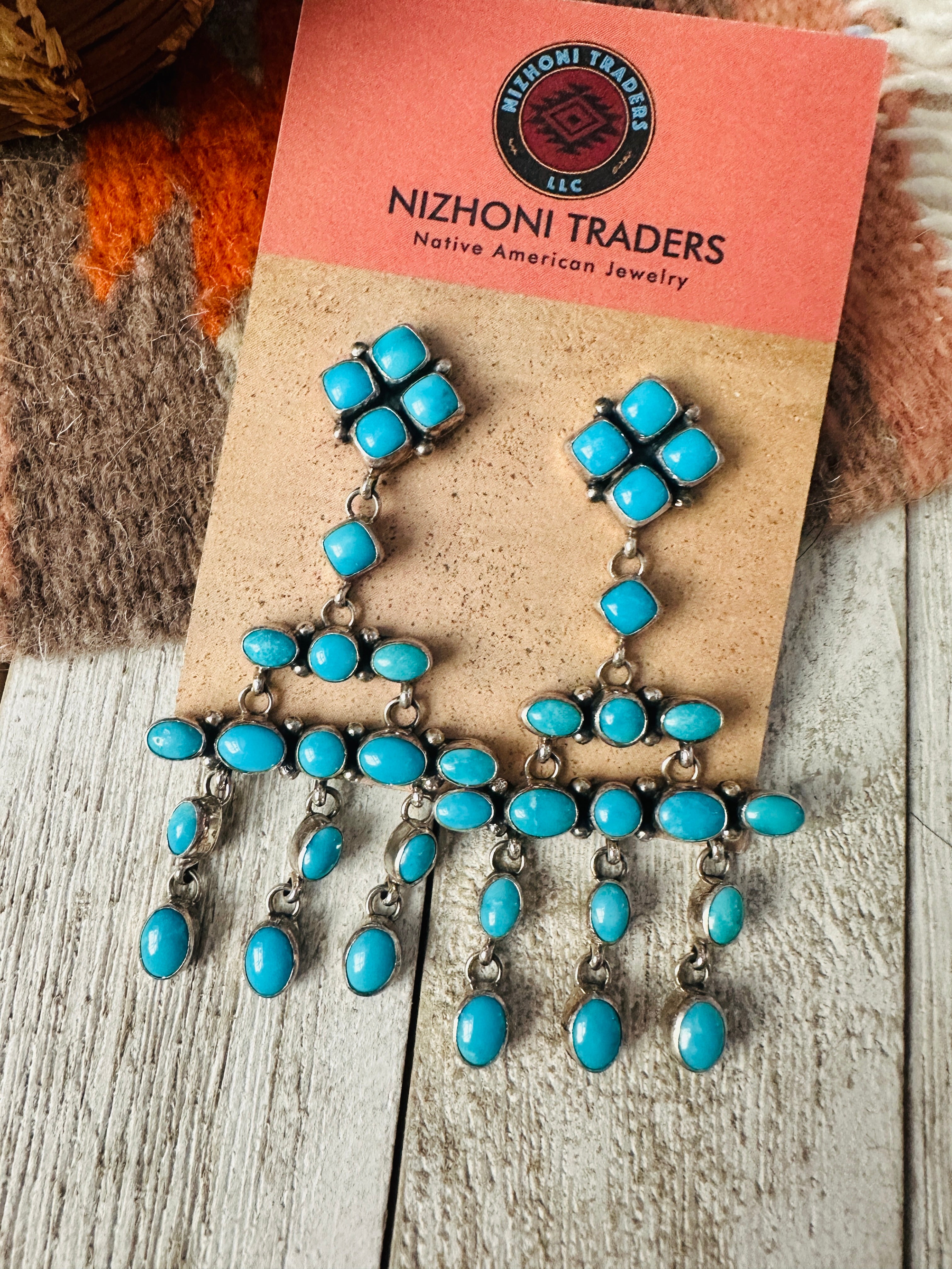 Navajo Sterling Silver & Turquoise Cluster Dangle Earrings