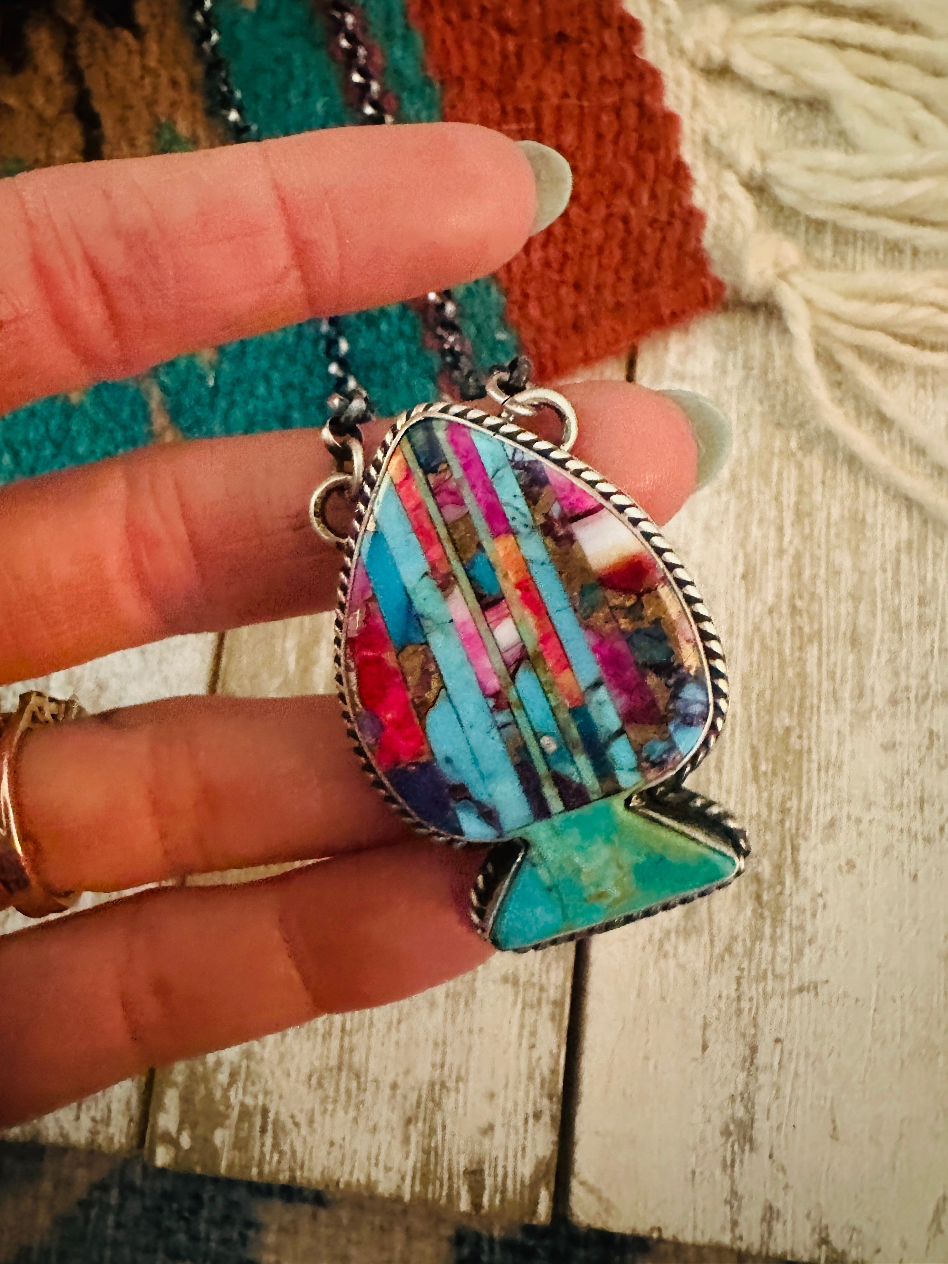 Navajo Sterling Silver & Multi Stone Inlay Spade Necklace