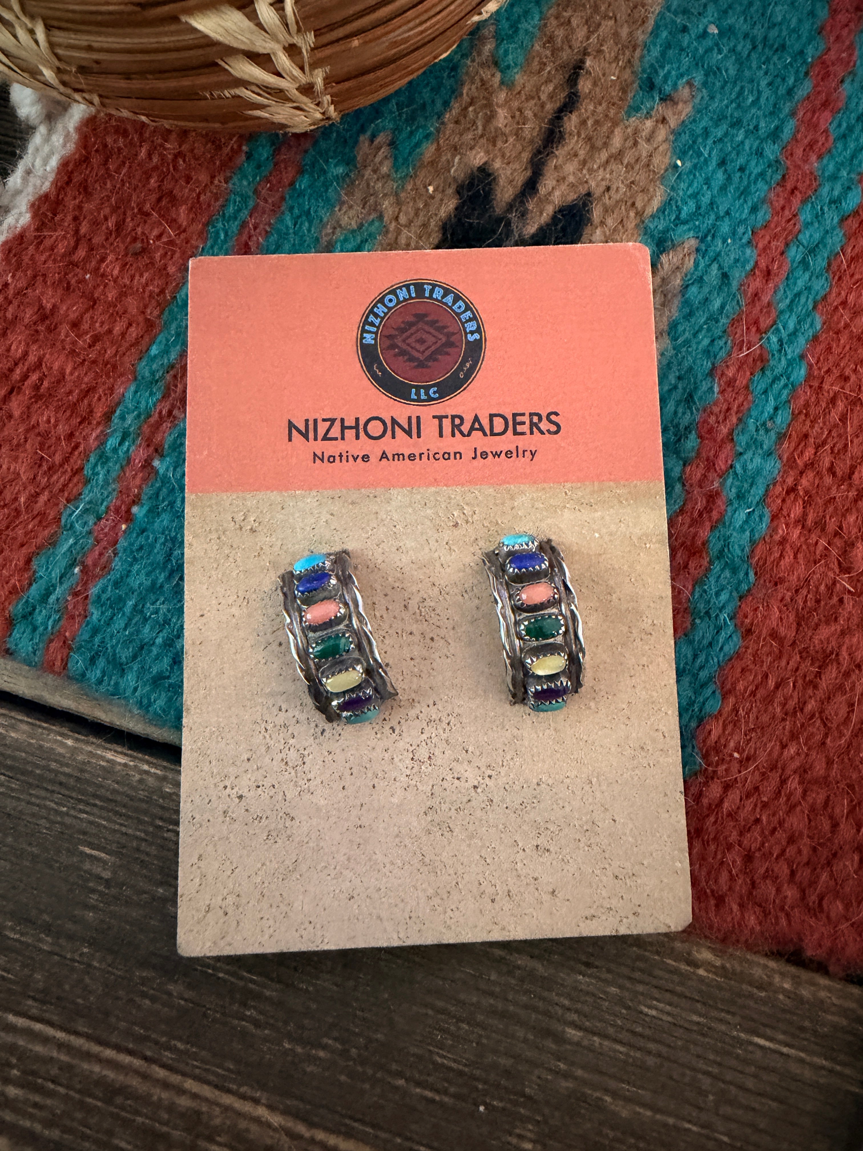 Old Pawn Handcrafted Sterling Silver & Multi Stone Hoop Earrings