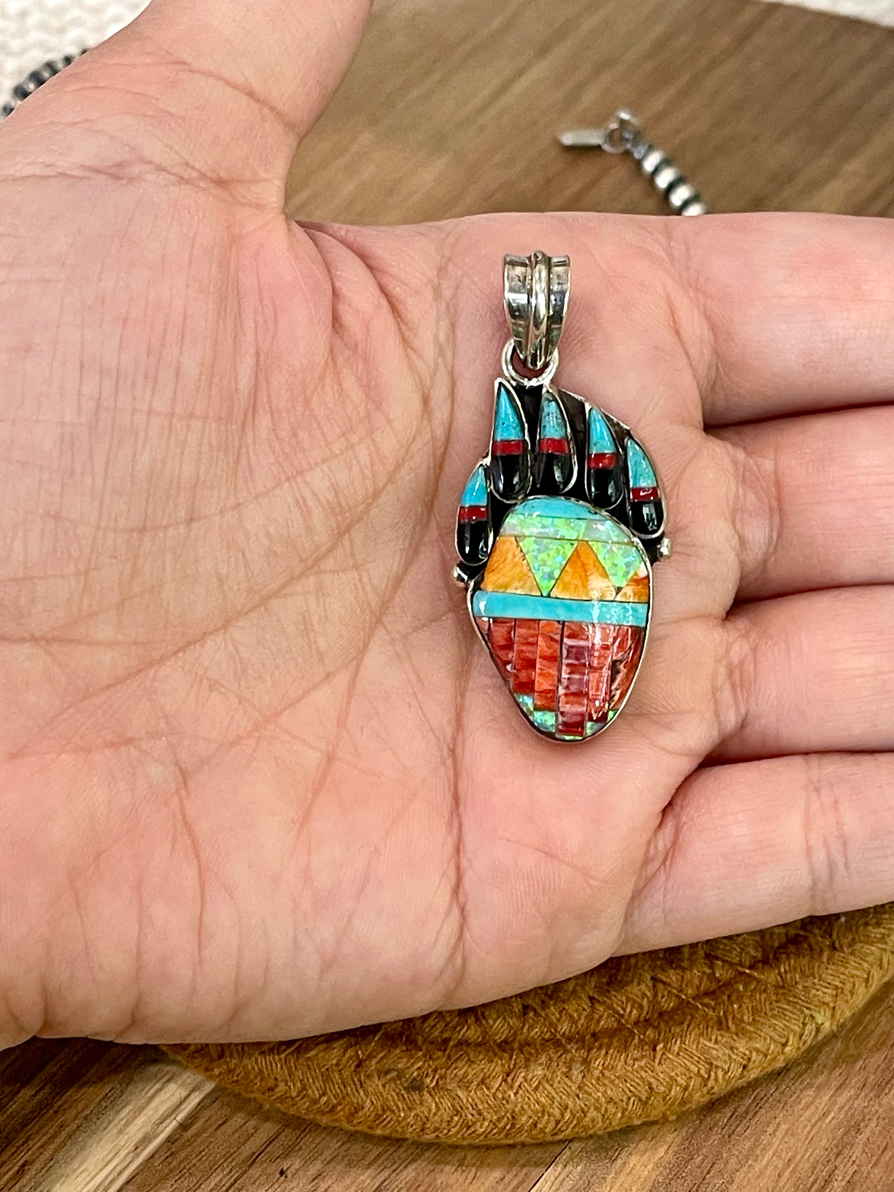 Handmade Sterling Silver & Multi Stone Bear Claw Pendant