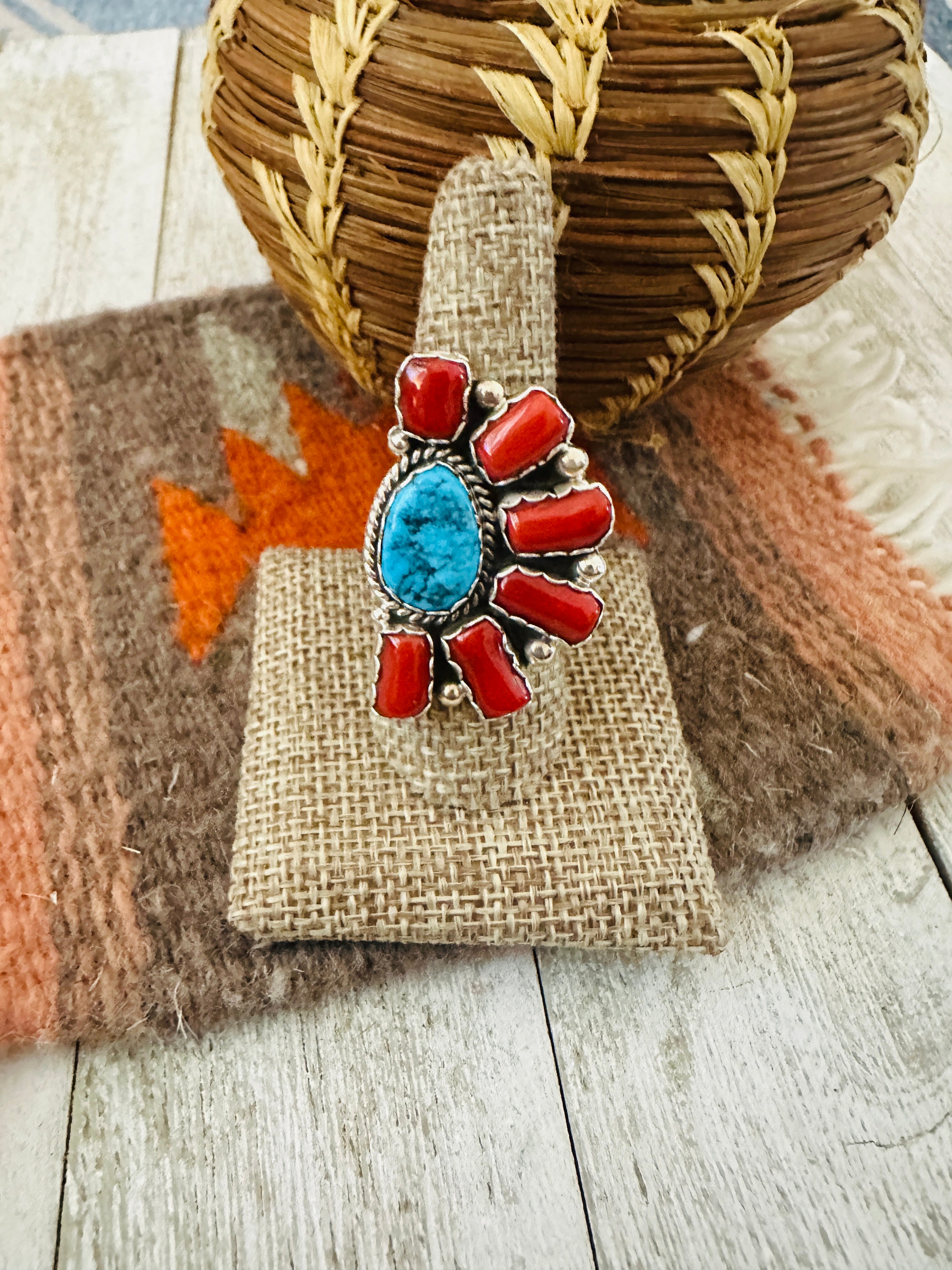 Handcrafted Turquoise, Coral & Sterling Silver Cluster Ring by Julia Etsitty