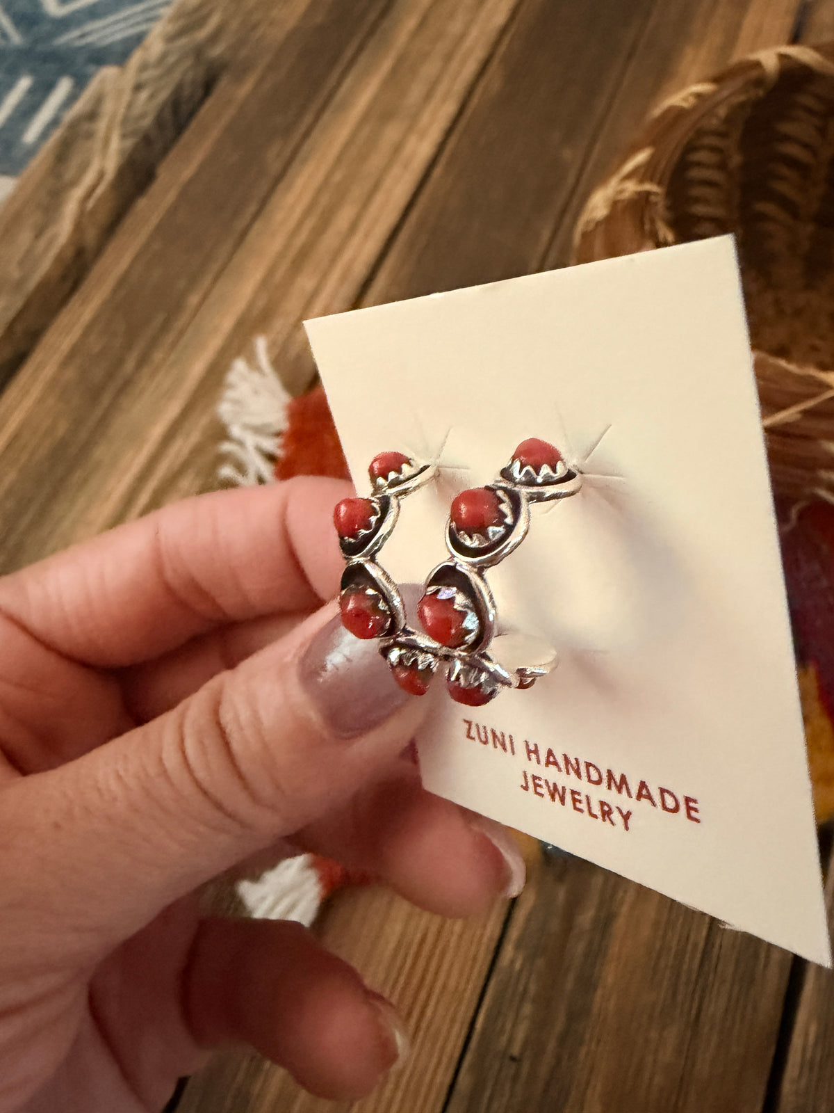 Handcrafted Sterling Silver & Coral Snake Eye Hoop Earrings