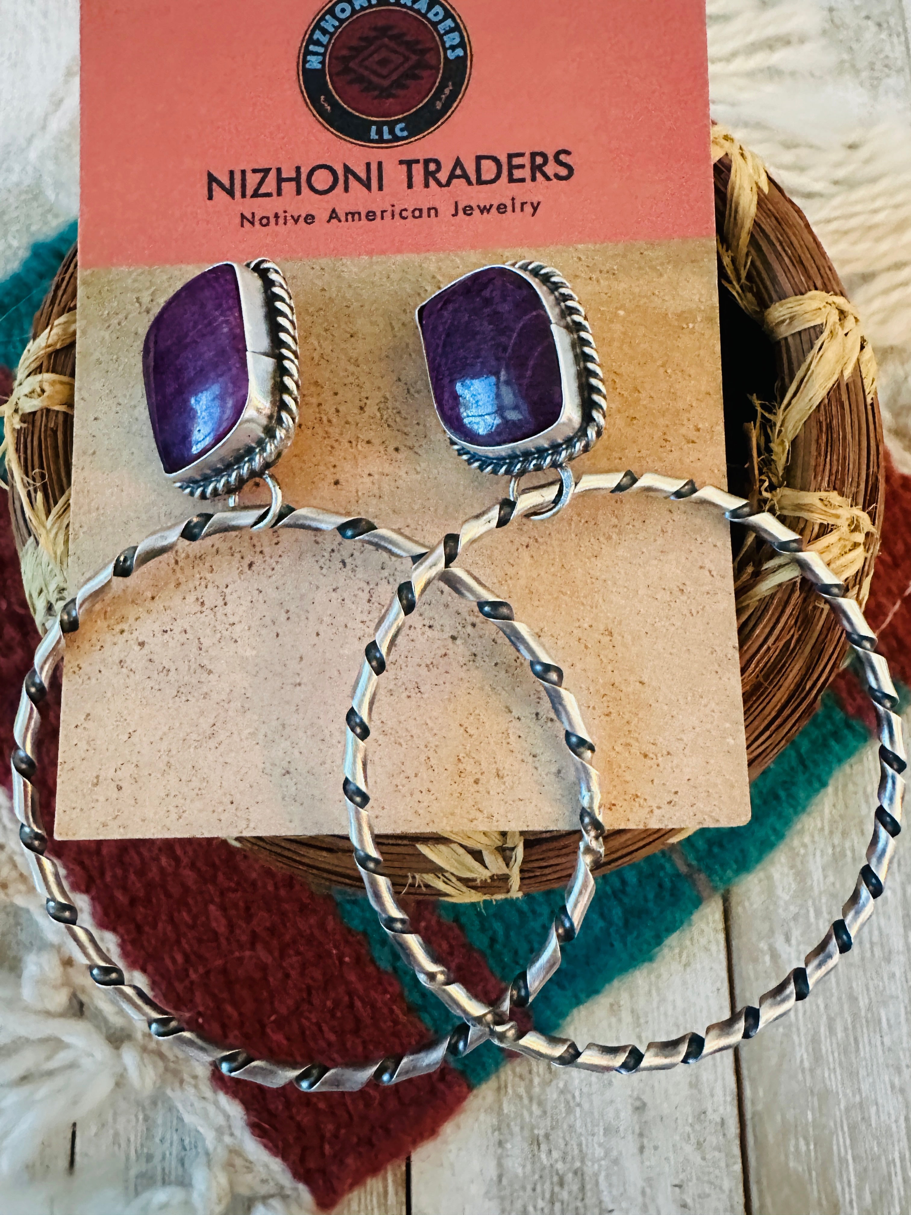 Navajo Purple Spiny and Sterling Silver Dangle Hoop Earrings