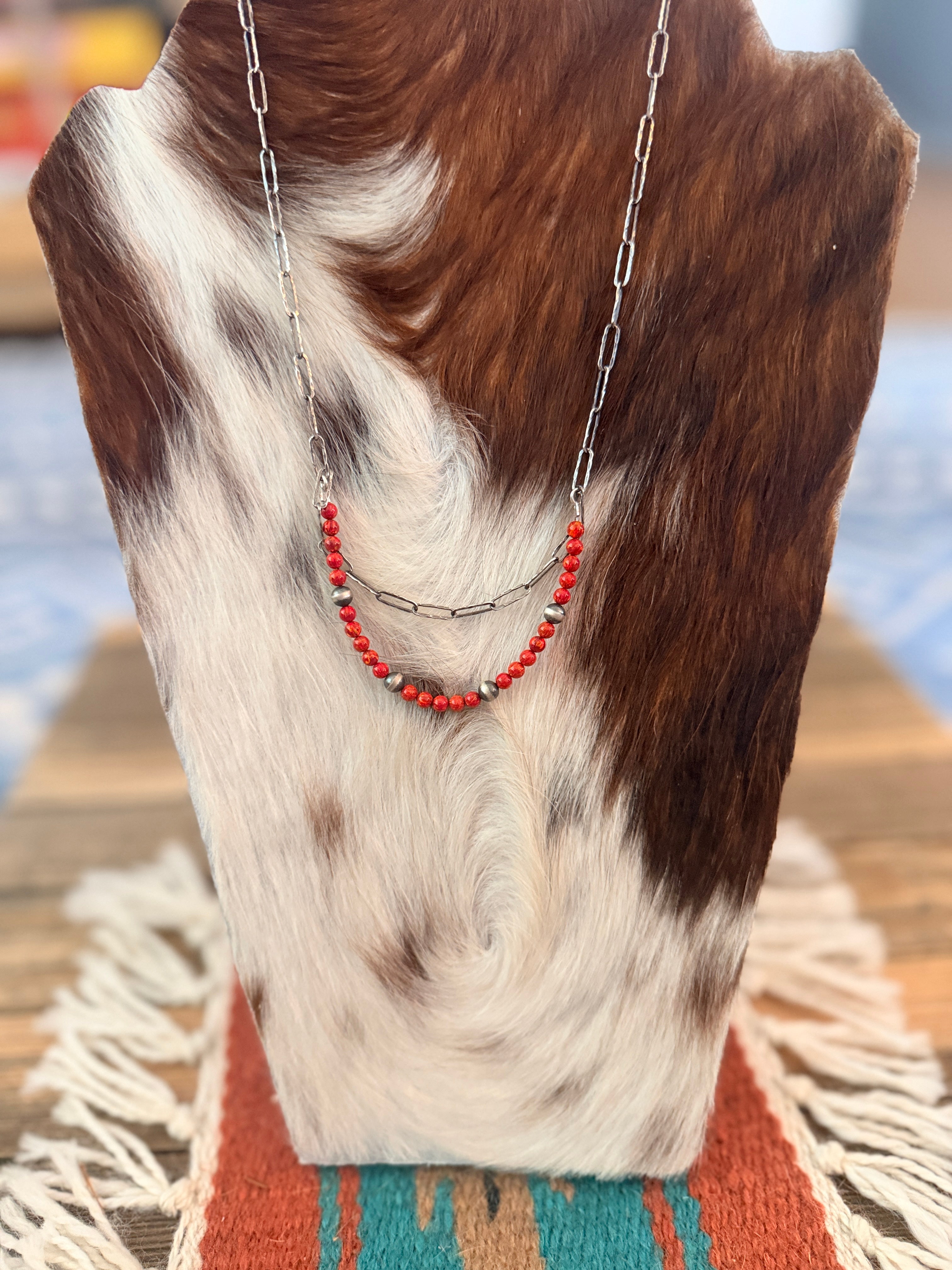 Handmade Sterling Silver & Red Fire Opal Beaded Necklace