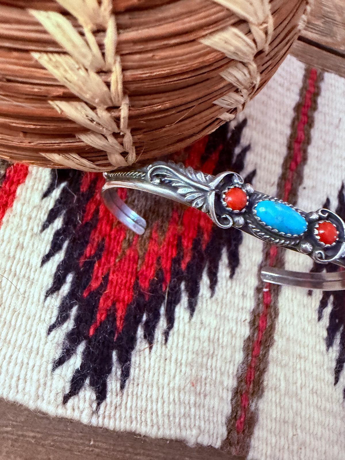 Handcrafted Turquoise, Coral & Sterling Silver Cuff Bracelet