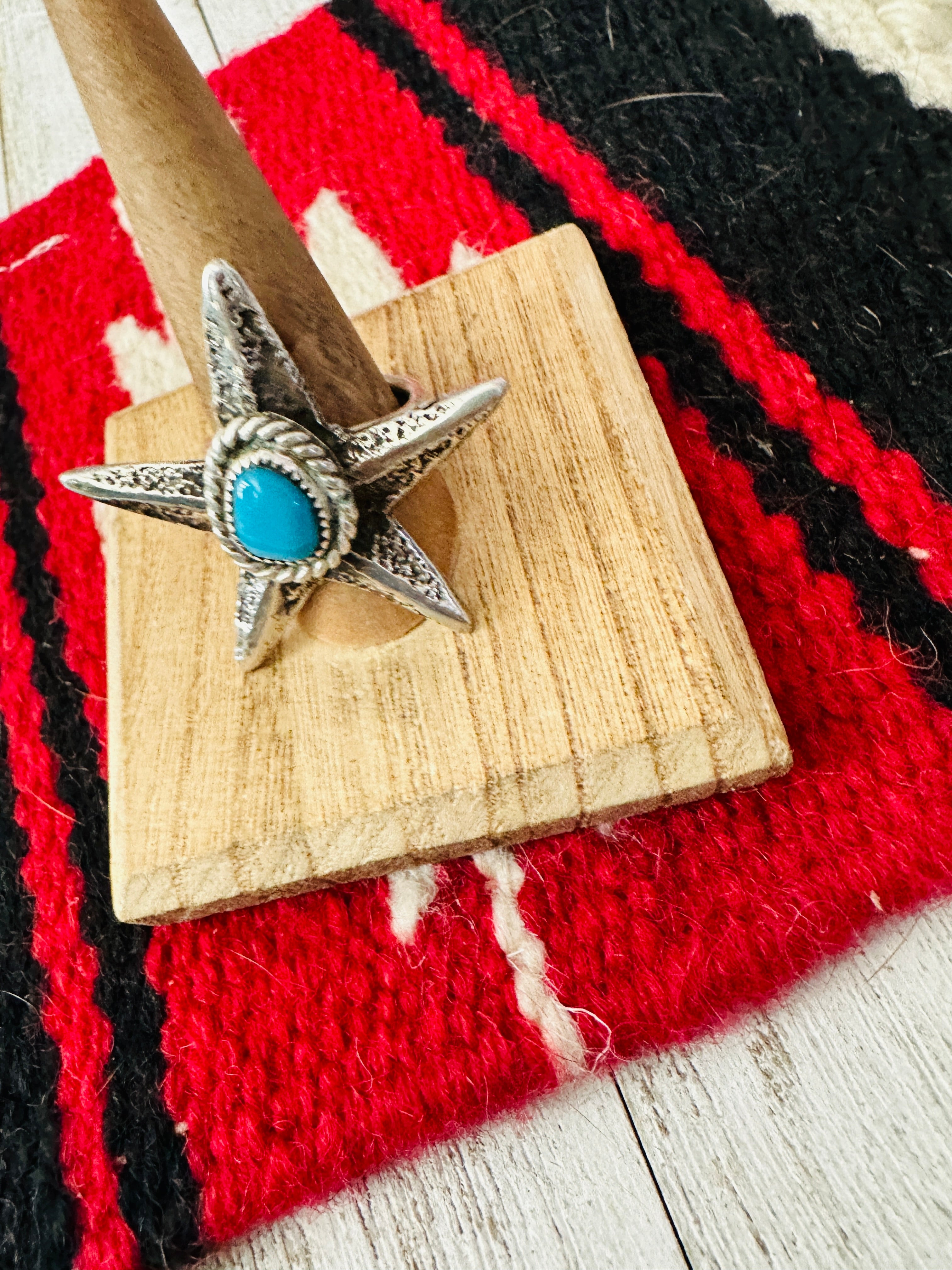 Hand Cast Turquoise & Sterling Silver Star Ring Size 9.75