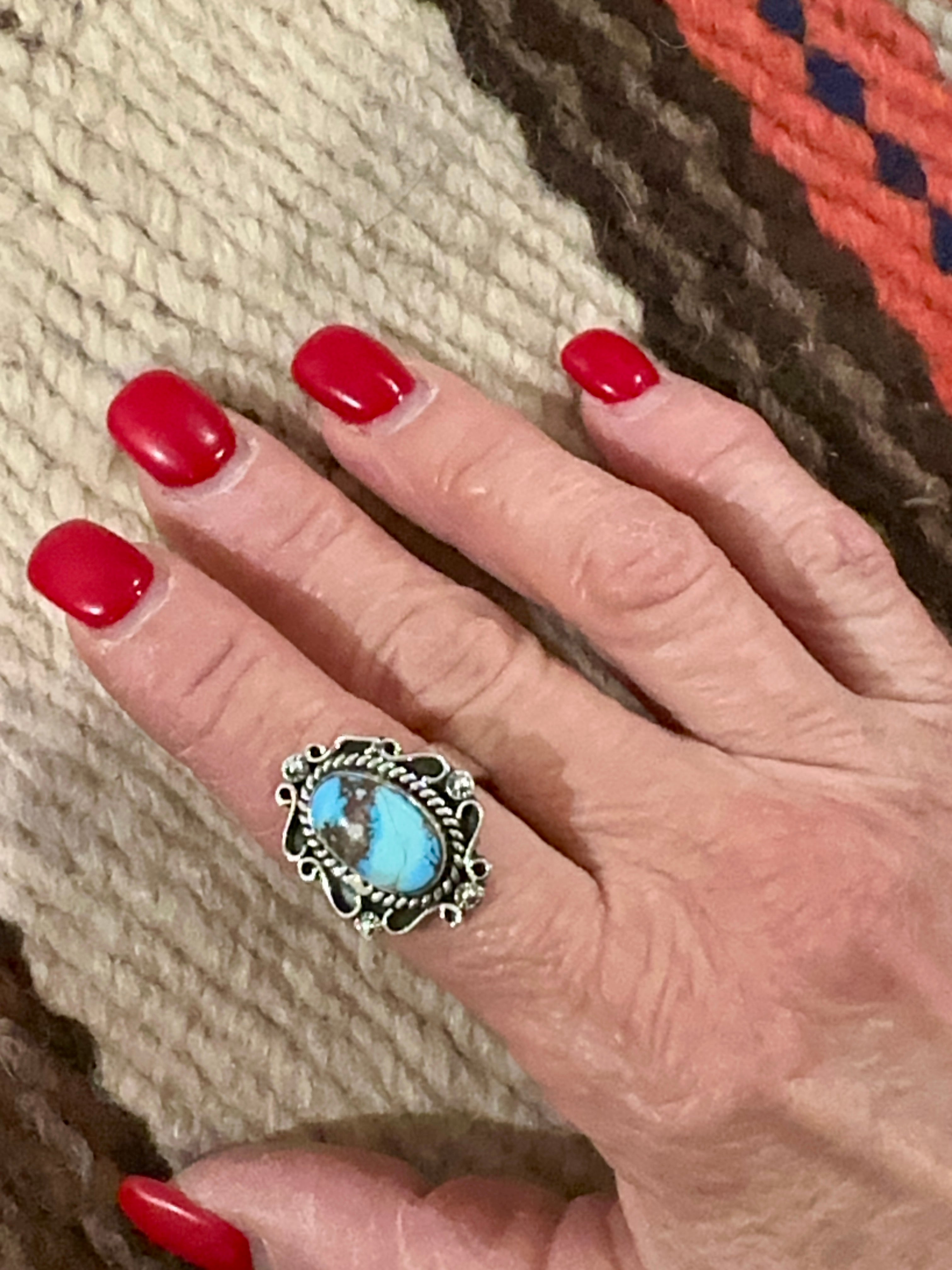 Handmade Golden Hills Turquoise & Sterling Silver Single Stone Adjustable Ring Signed Nizhoni