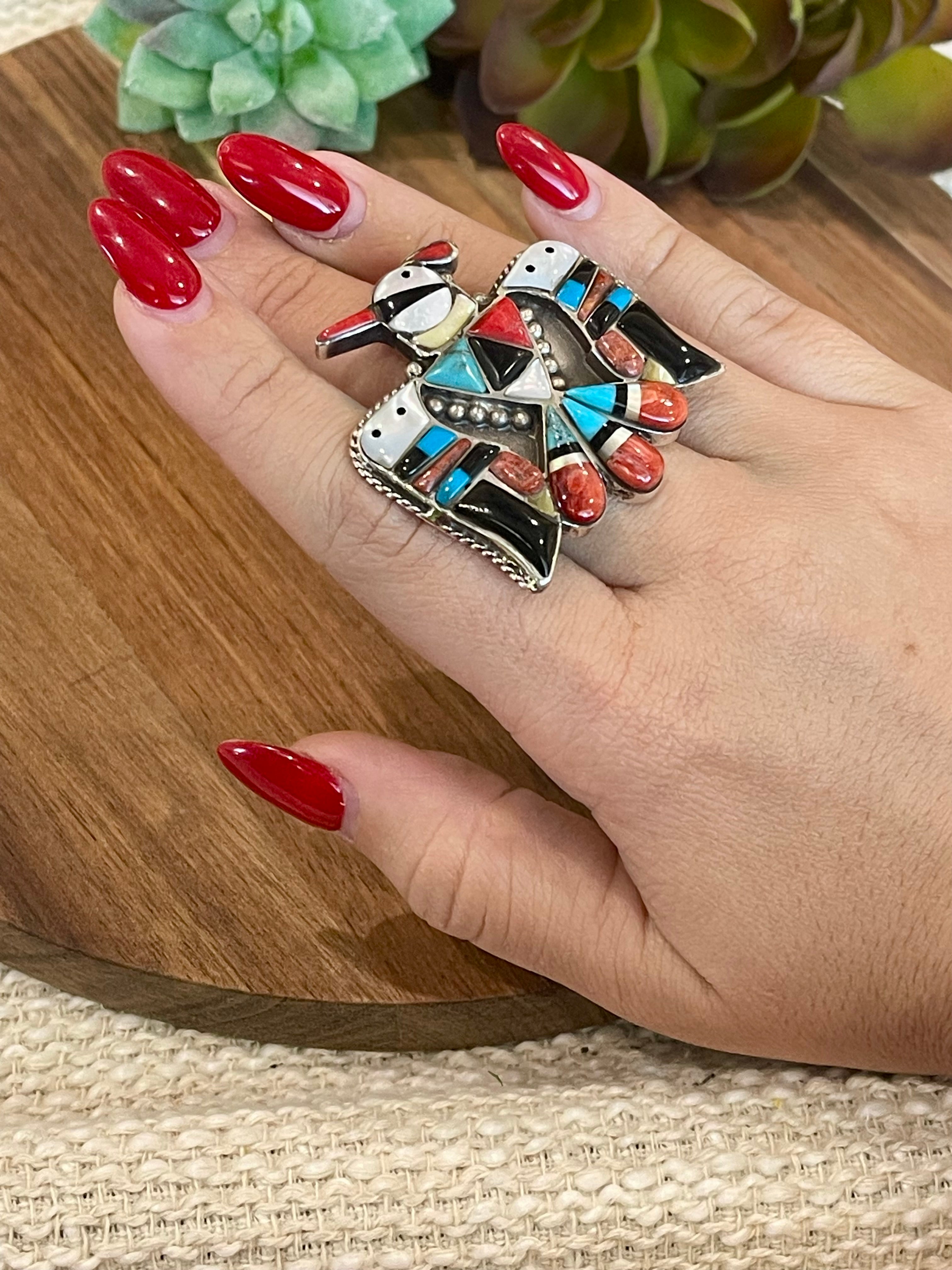 Handmade Multi Stone And Sterling Silver Thunderbird Adjustable Ring