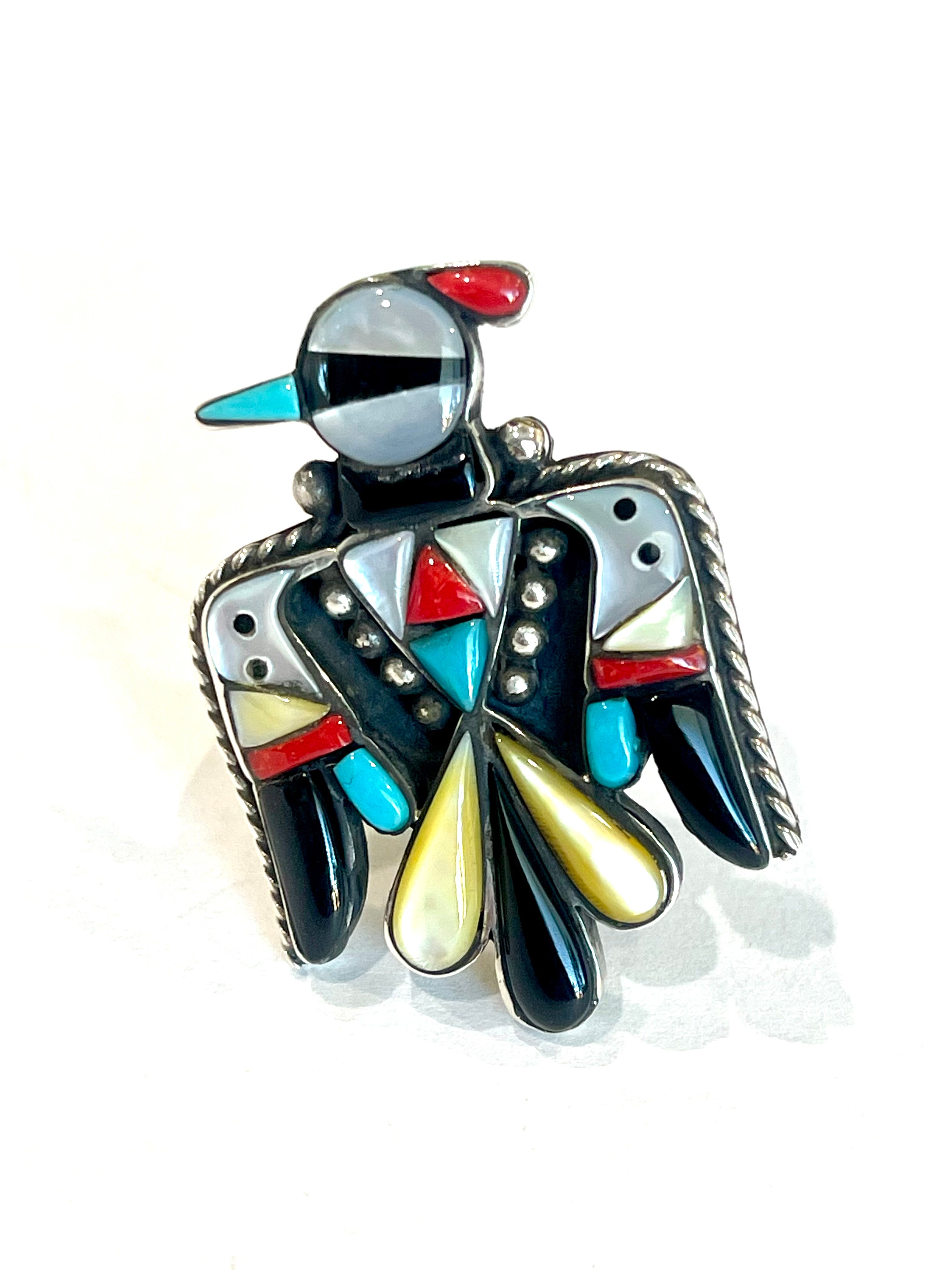 Handmade Multi Stone And Sterling Silver Thunderbird Adjustable Ring