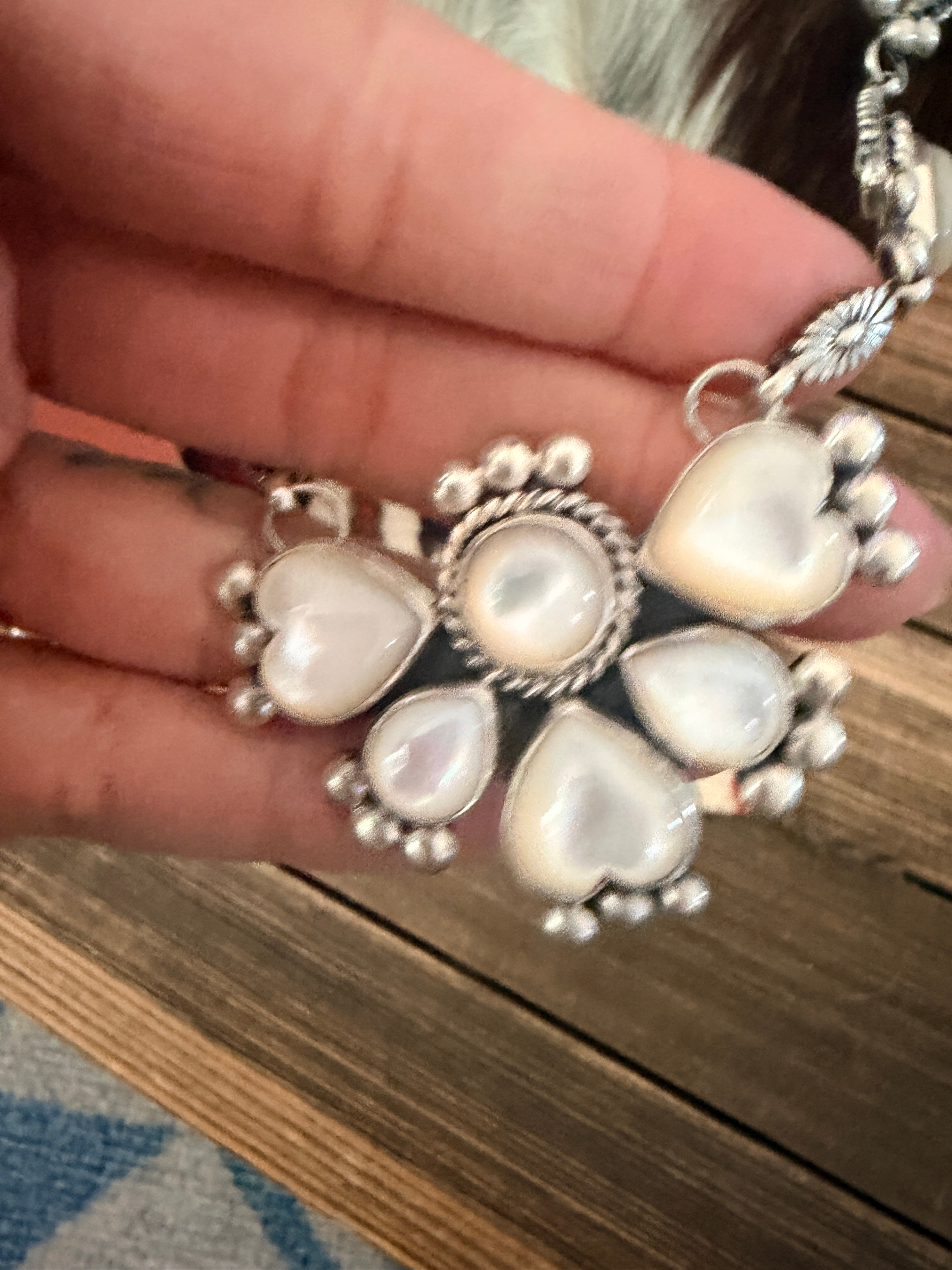 Handcrafted Mother of Pearl & Sterling Silver Cluster Necklace and Earring Set by Fred Francis