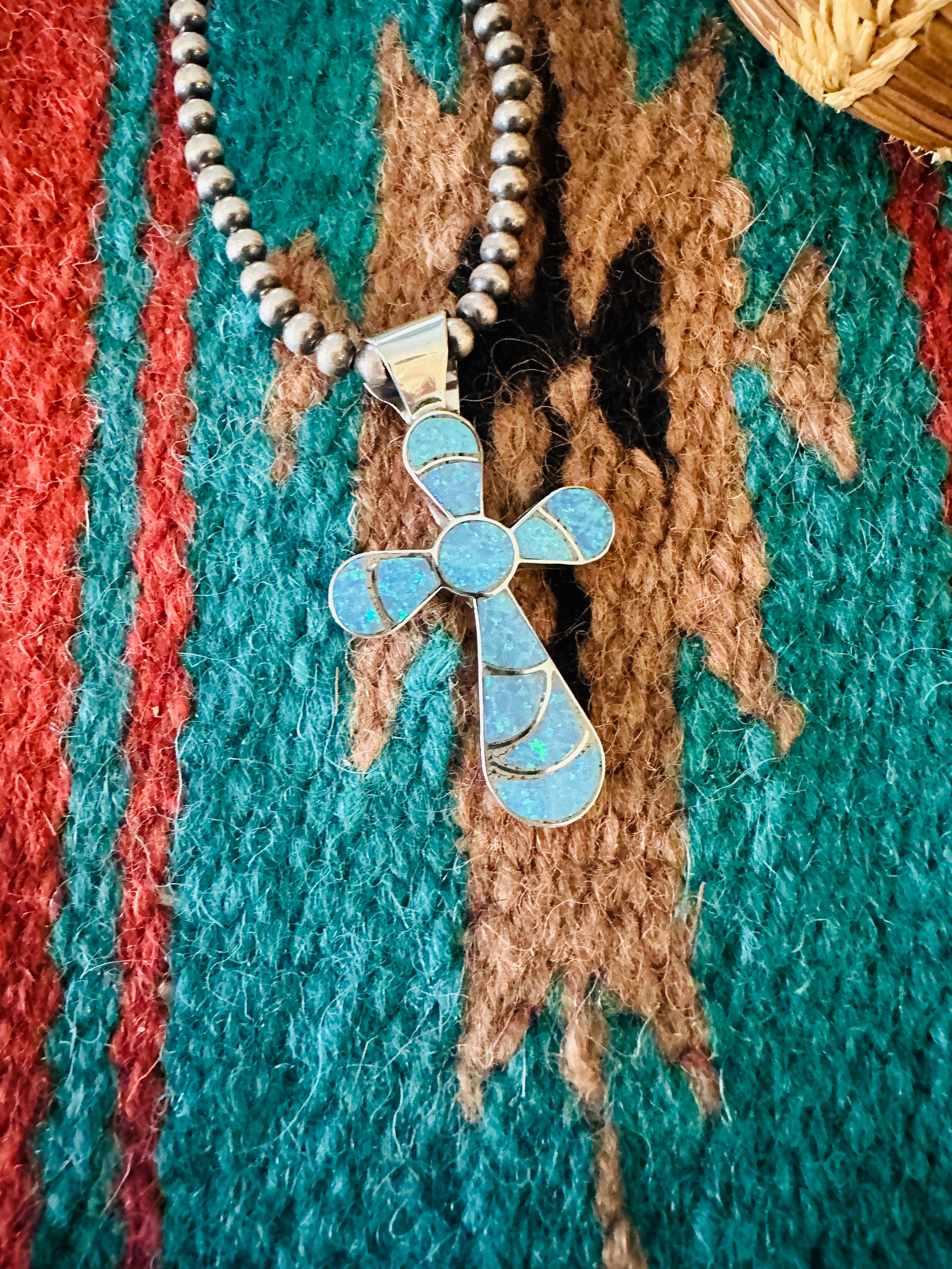 Handcrafted Sterling Silver & Blue qOpal Inlay Cross Pendant Signed