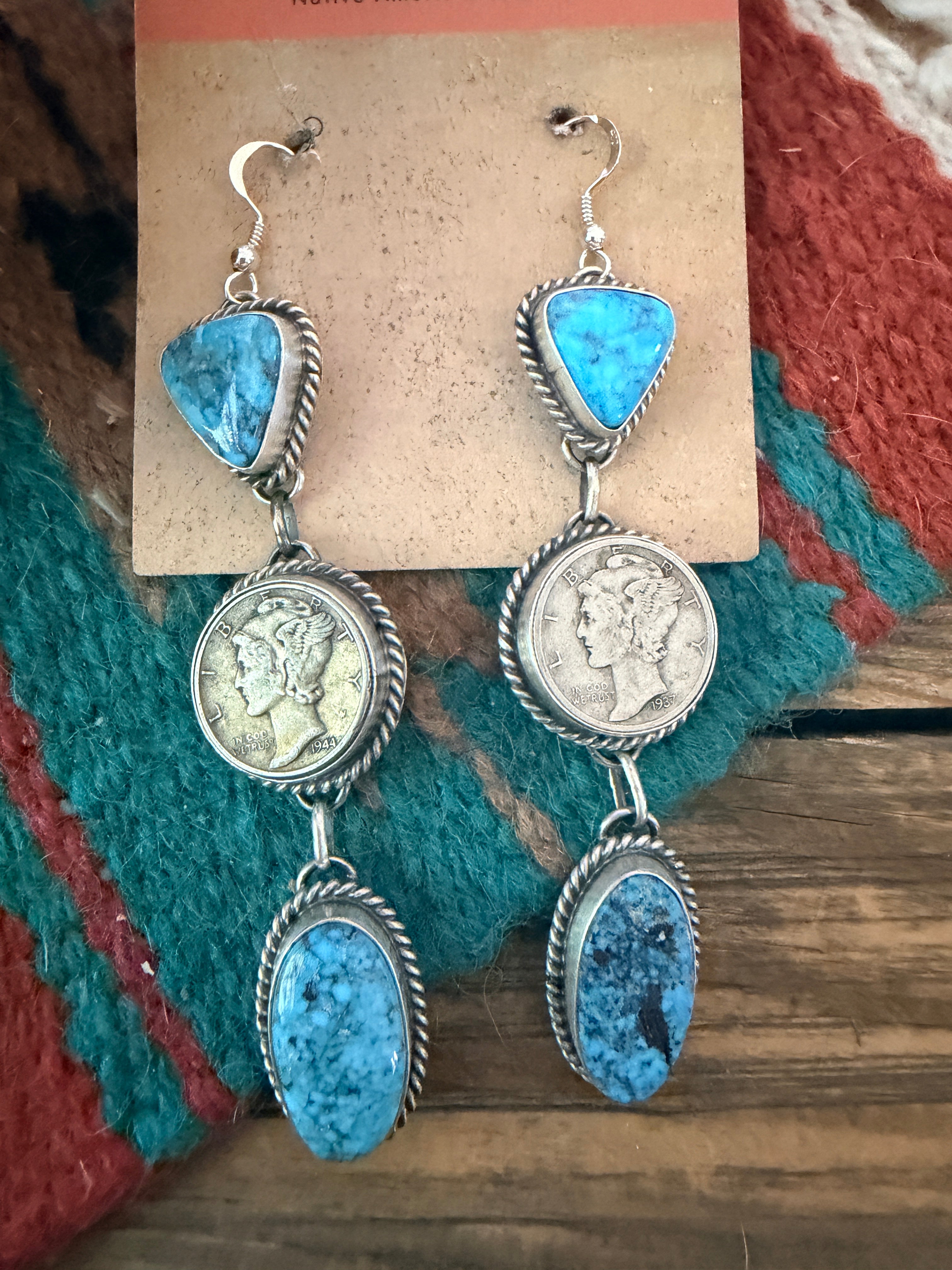 Handcrafted Turquoise & Sterling Silver Liberty Dime Dangle Earrings by Hiram Largo