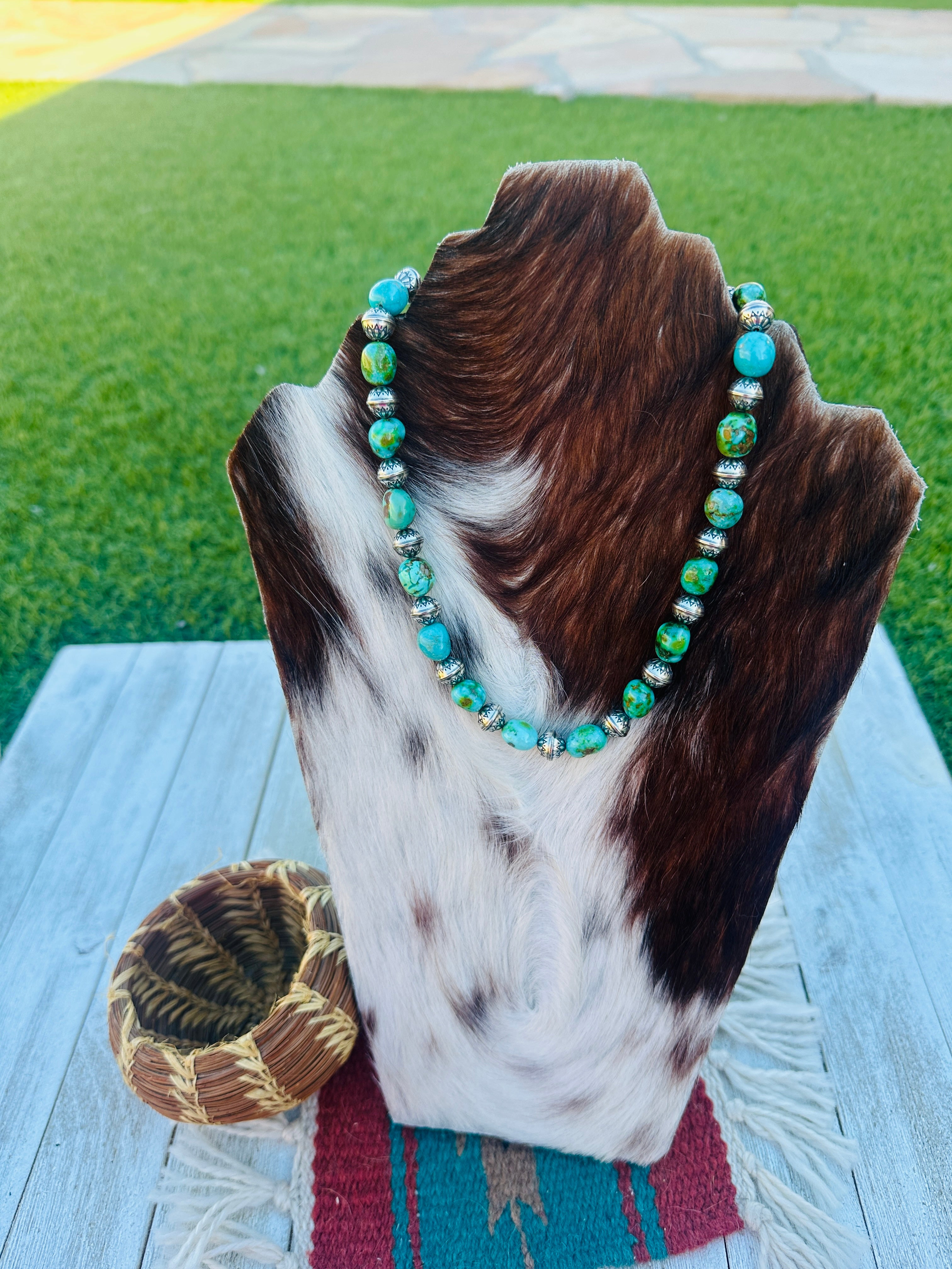 Handcrafted Sonoran Mountain Turquoise & Sterling Silver Pearl Beaded Necklace 16”