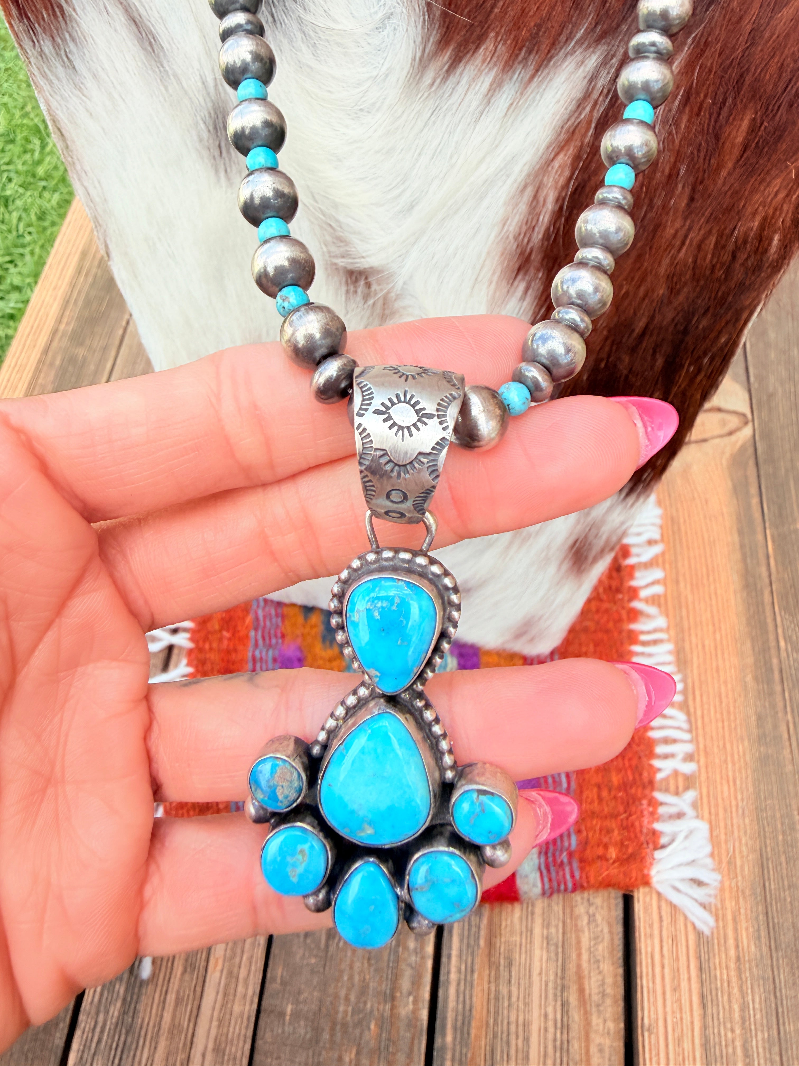 Handcrafted Turquoise & Sterling Silver Cluster Beaded Necklace by Bobby Johnson