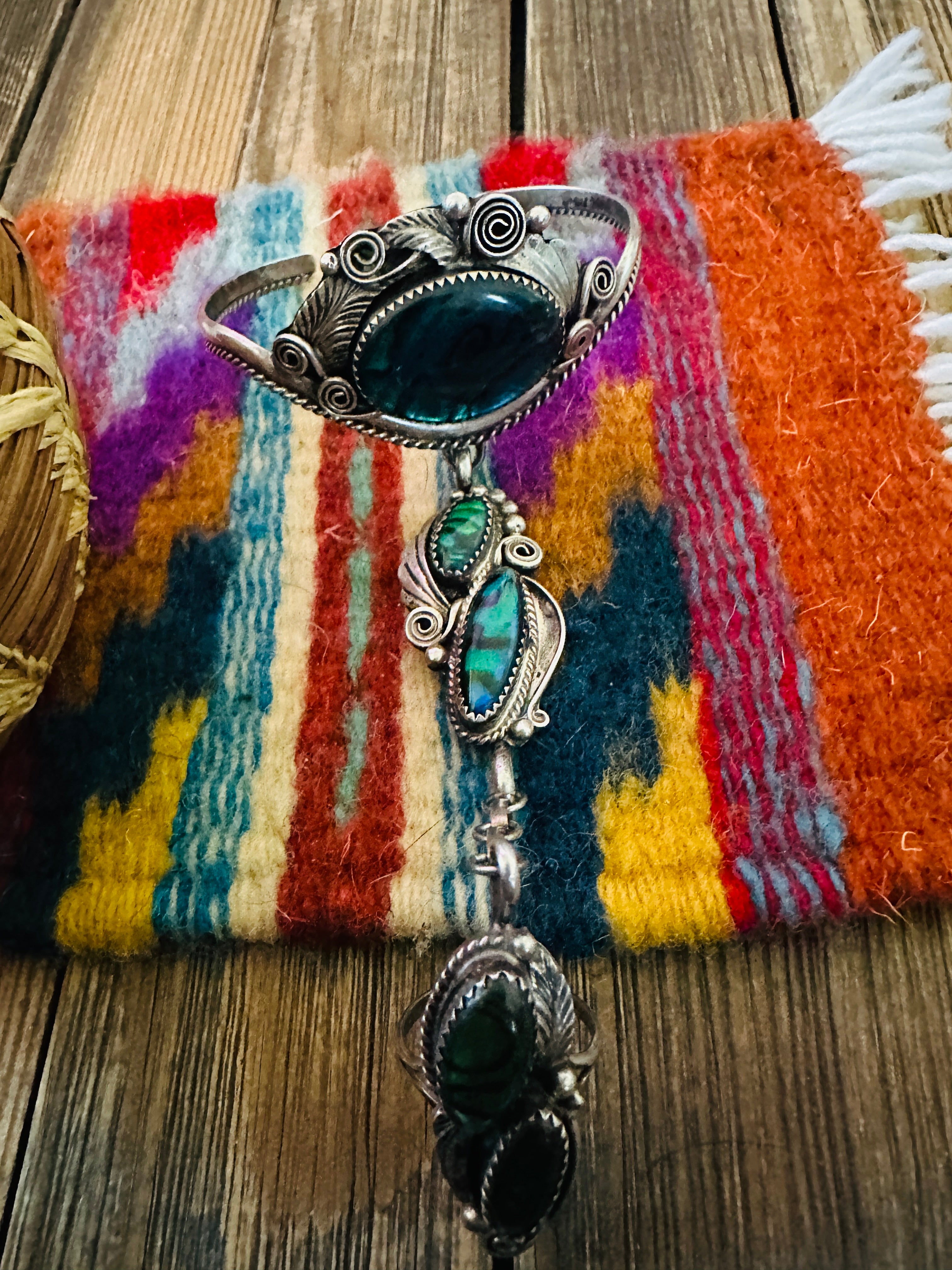 Handcrafted Old Pawn Sterling Silver & Abalone Cuff Bracelet Ring Combo