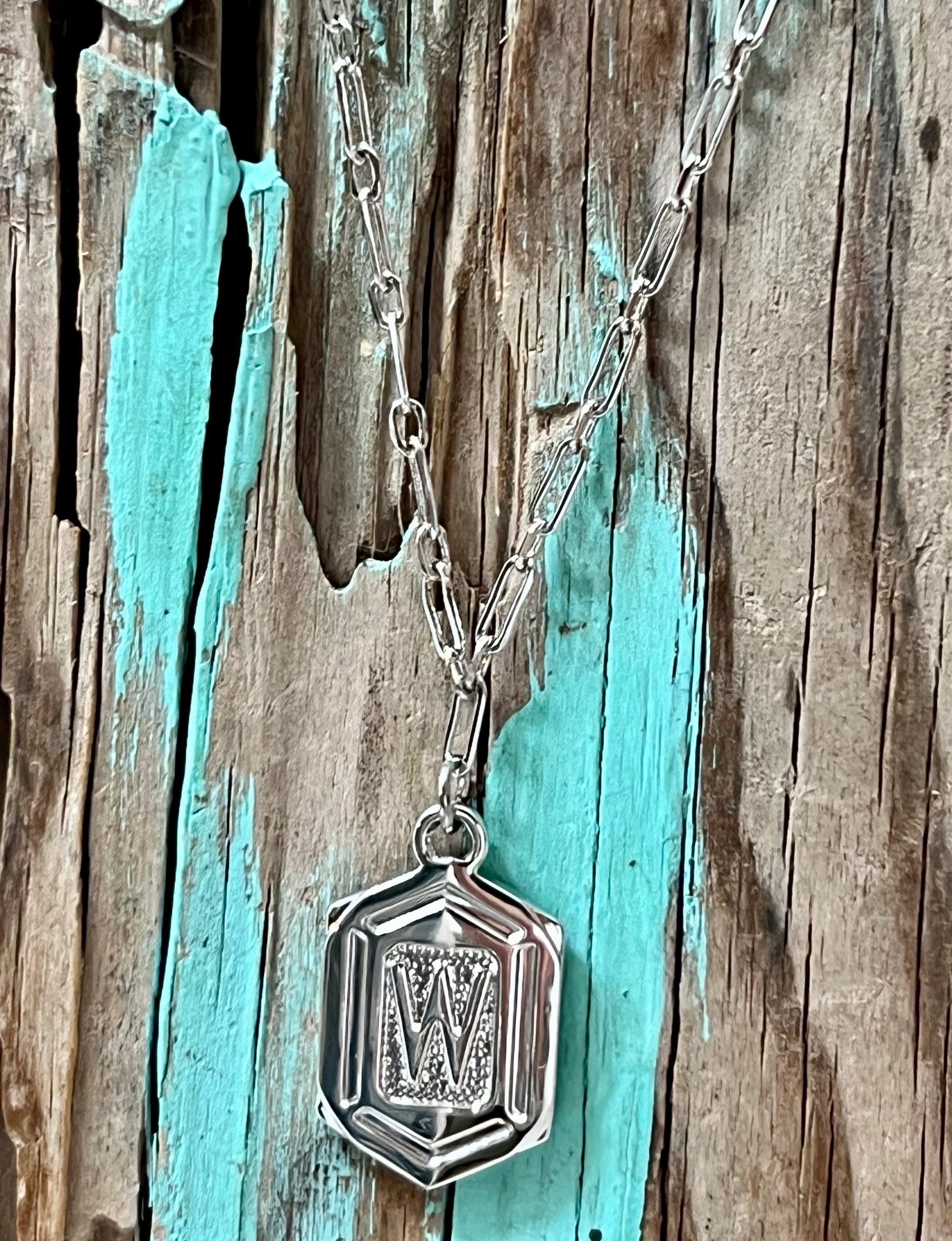 Hexagon Tag Initial “W” Pendant Necklace