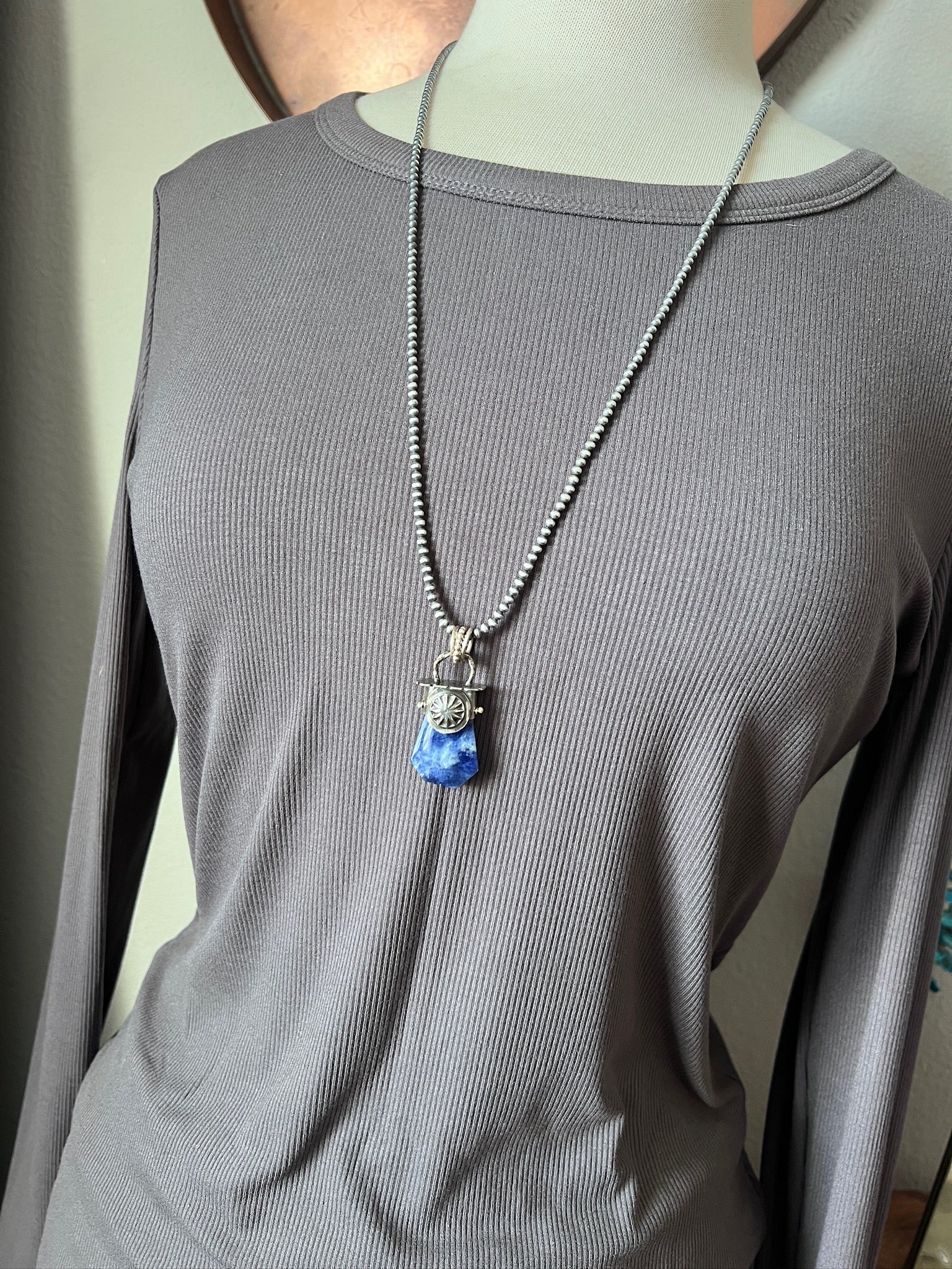 Sterling Silver Gem Collector 30” + 2” Beaded Necklace w/ Sodalite & Dandelion Pendant