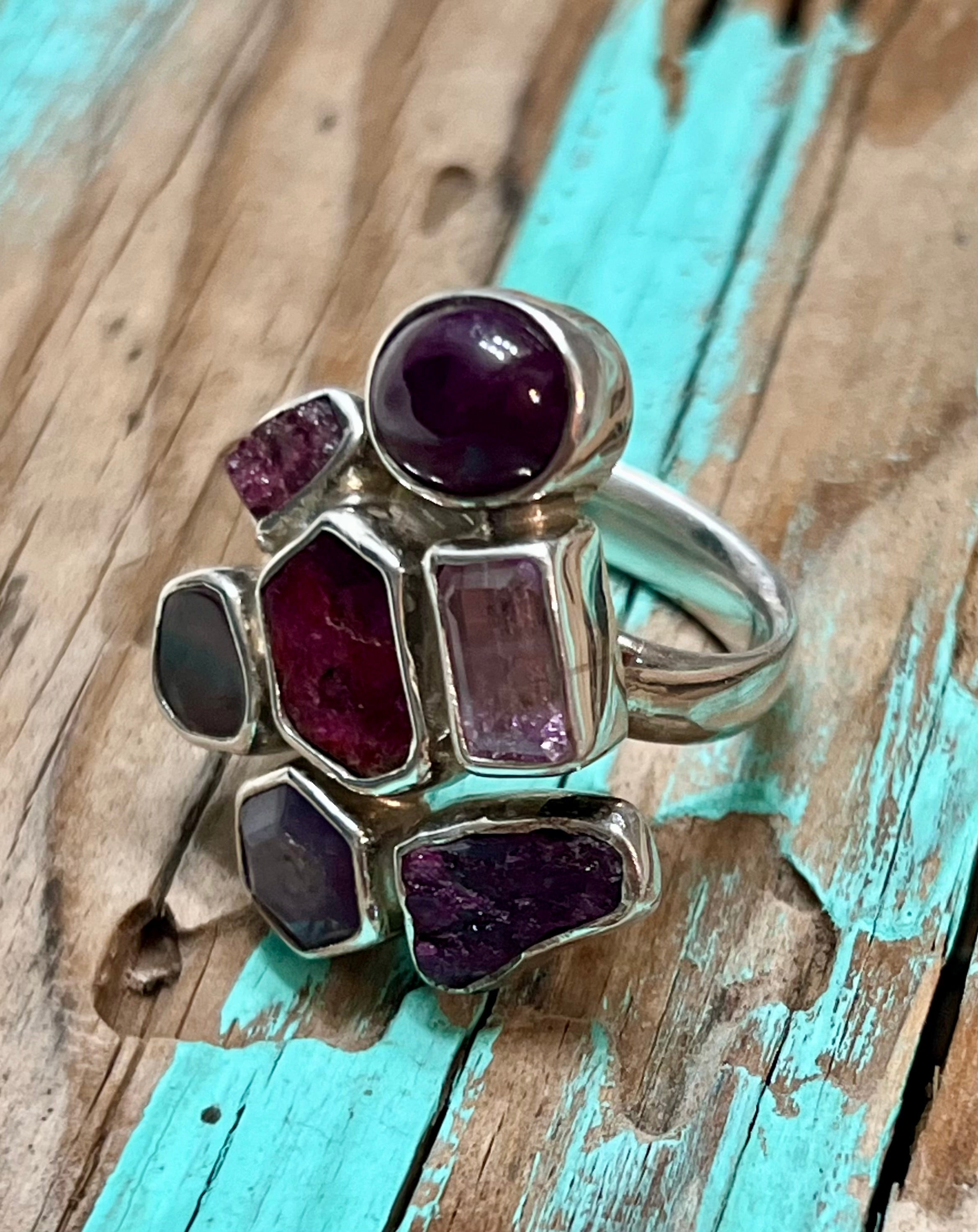 Amethyst Cluster Sterling Silver Ring Adjustable