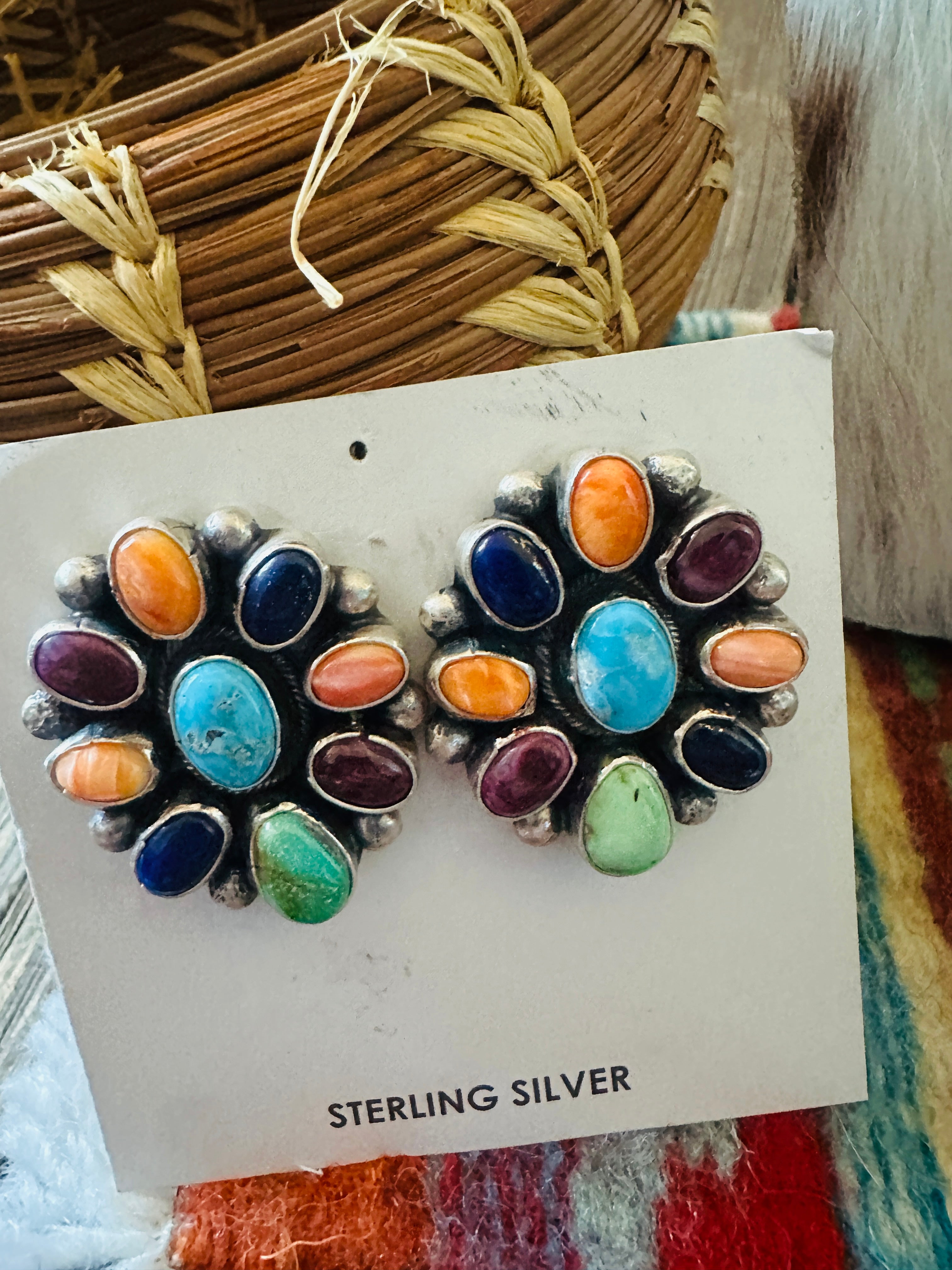 Handcrafted Multi Stone Beaded & Sterling Silver Cluster Necklace and Earring Set by Sheila Becenti