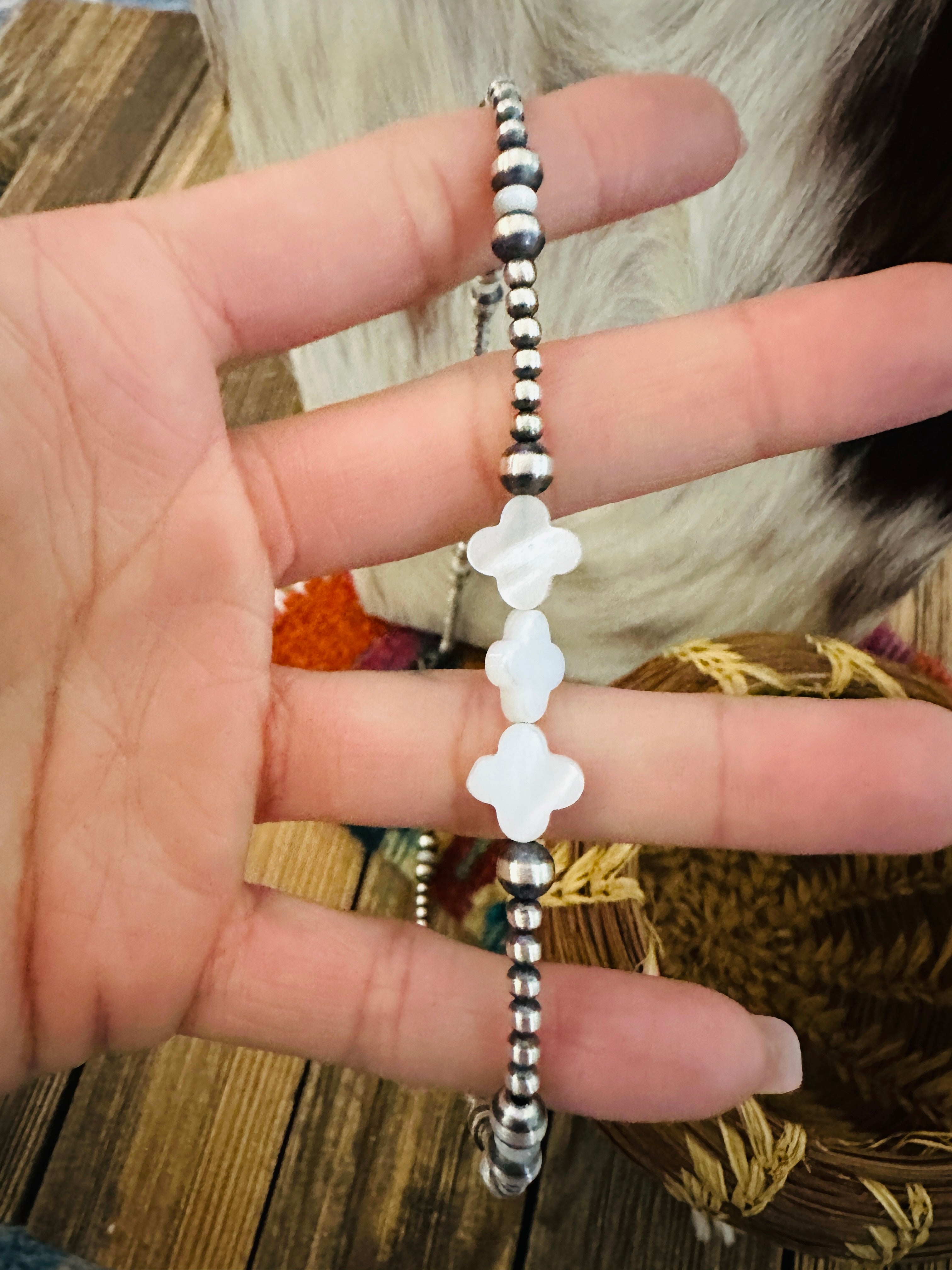 Handcrafted Mother of Pearl & Sterling Silver Pearl 18” Cross Beaded Necklace