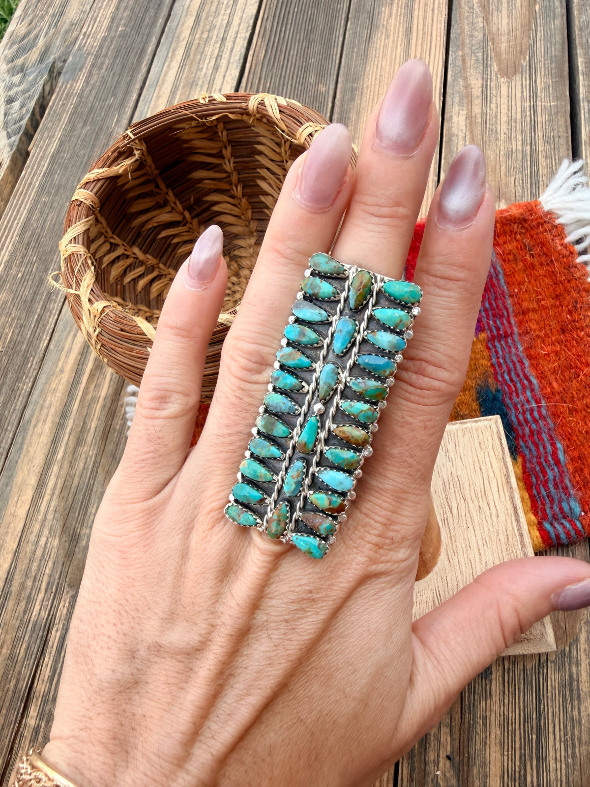 Handcrafted Turquoise & Sterling Silver Cluster Ring Size 9