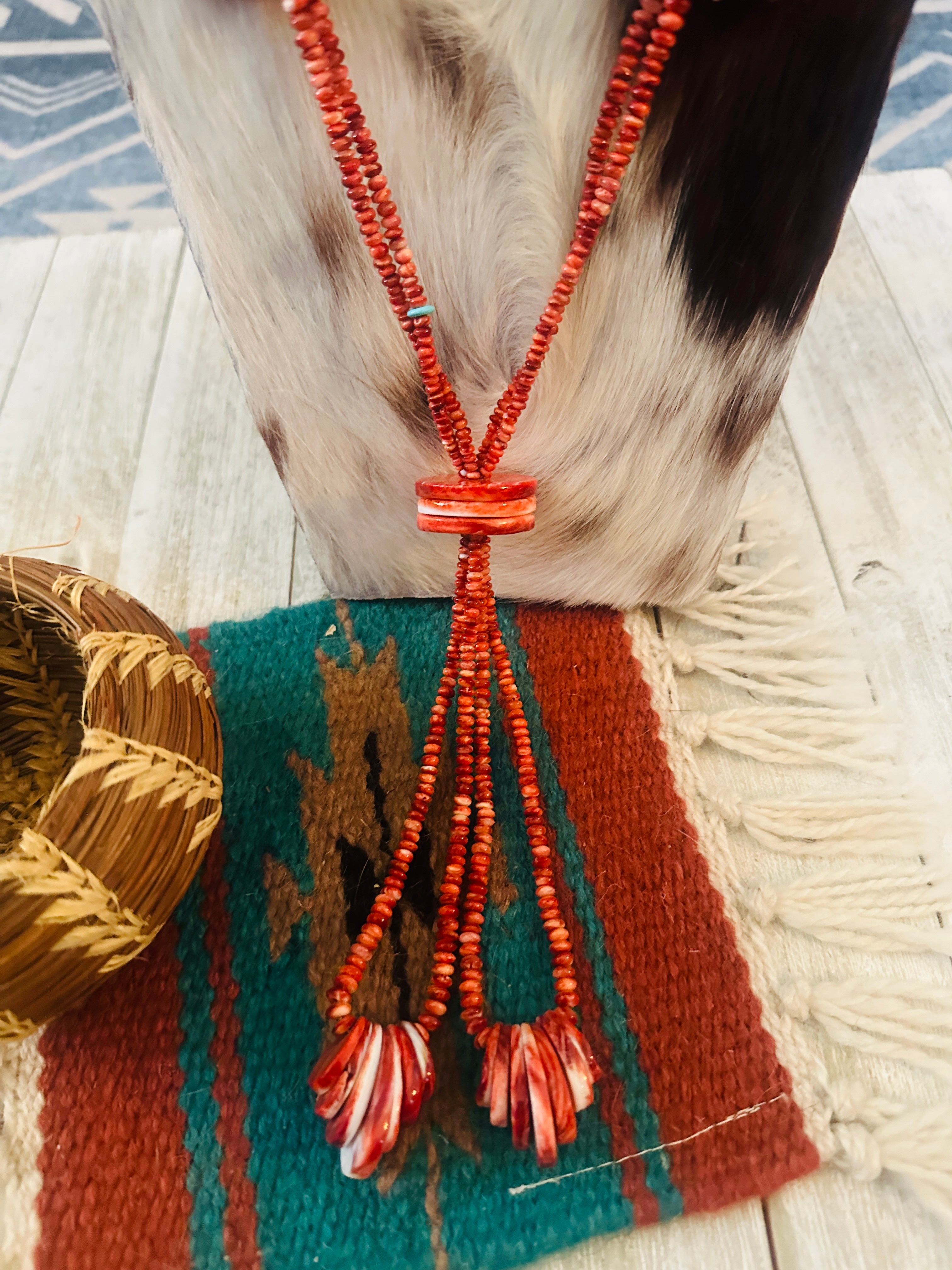Handcrafted Spiny Oyster and Turquoise Beaded Jacla Necklace