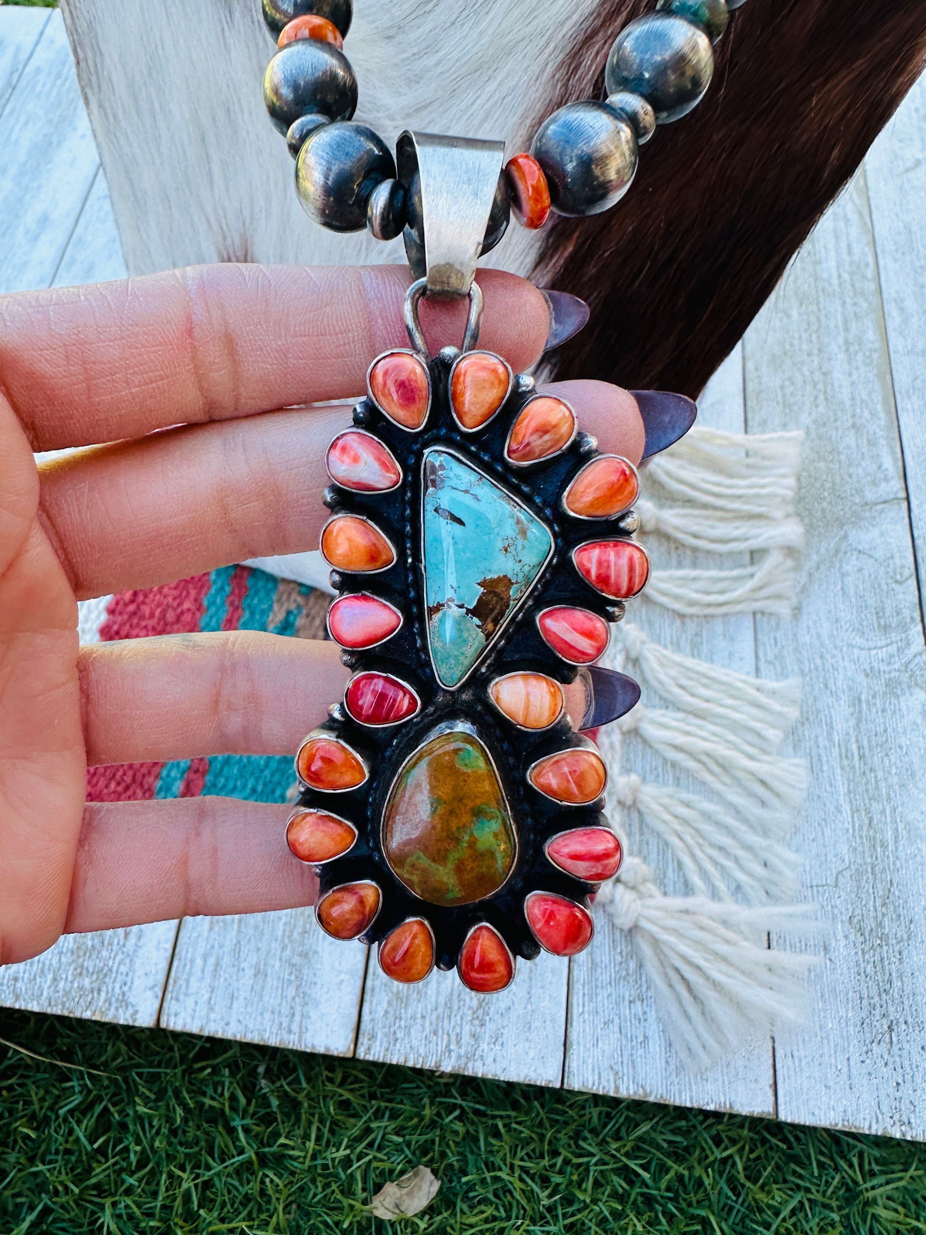 Handcrafted Sterling Silver Pearl, Spiny Oyster and Turquoise Beaded Necklace by Sheila Becenti