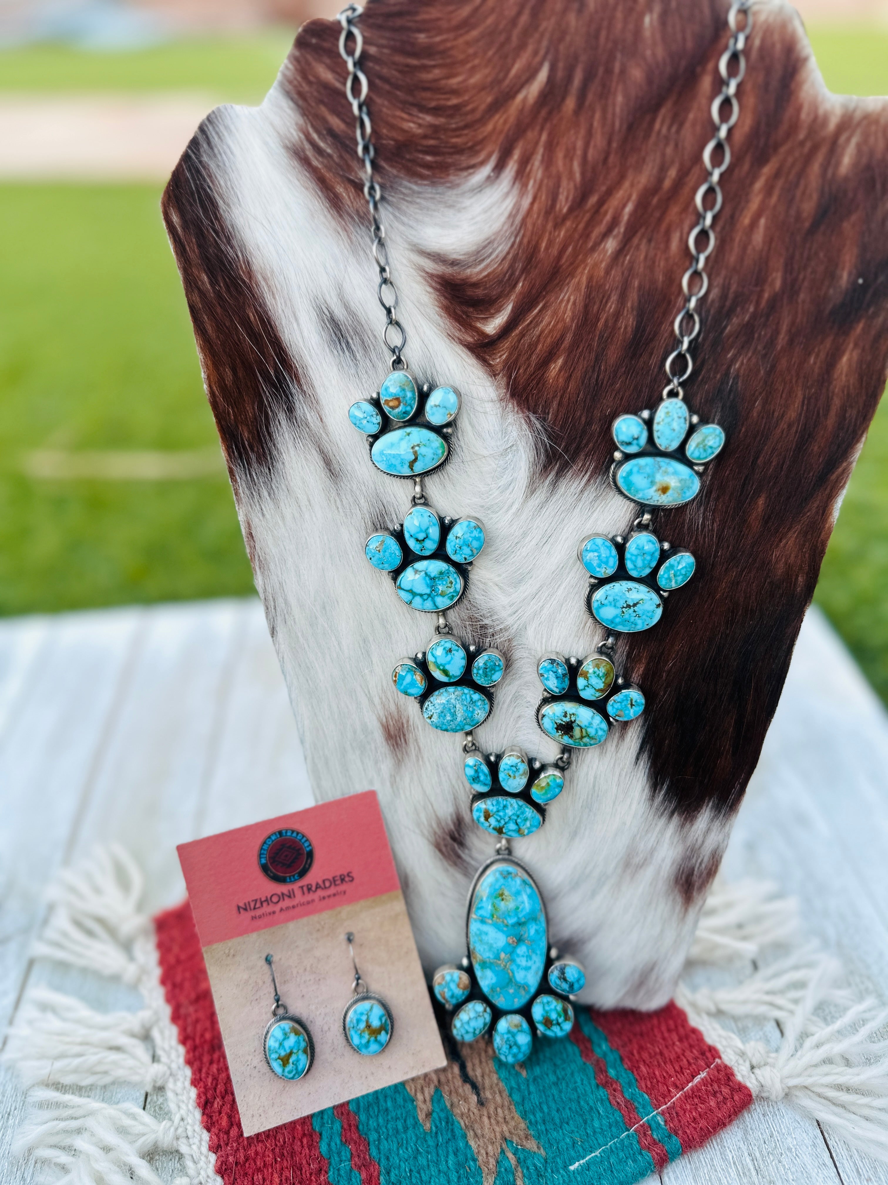 Handcrafted Kingman Web Turquoise & Sterling Silver Necklace and Earring Set