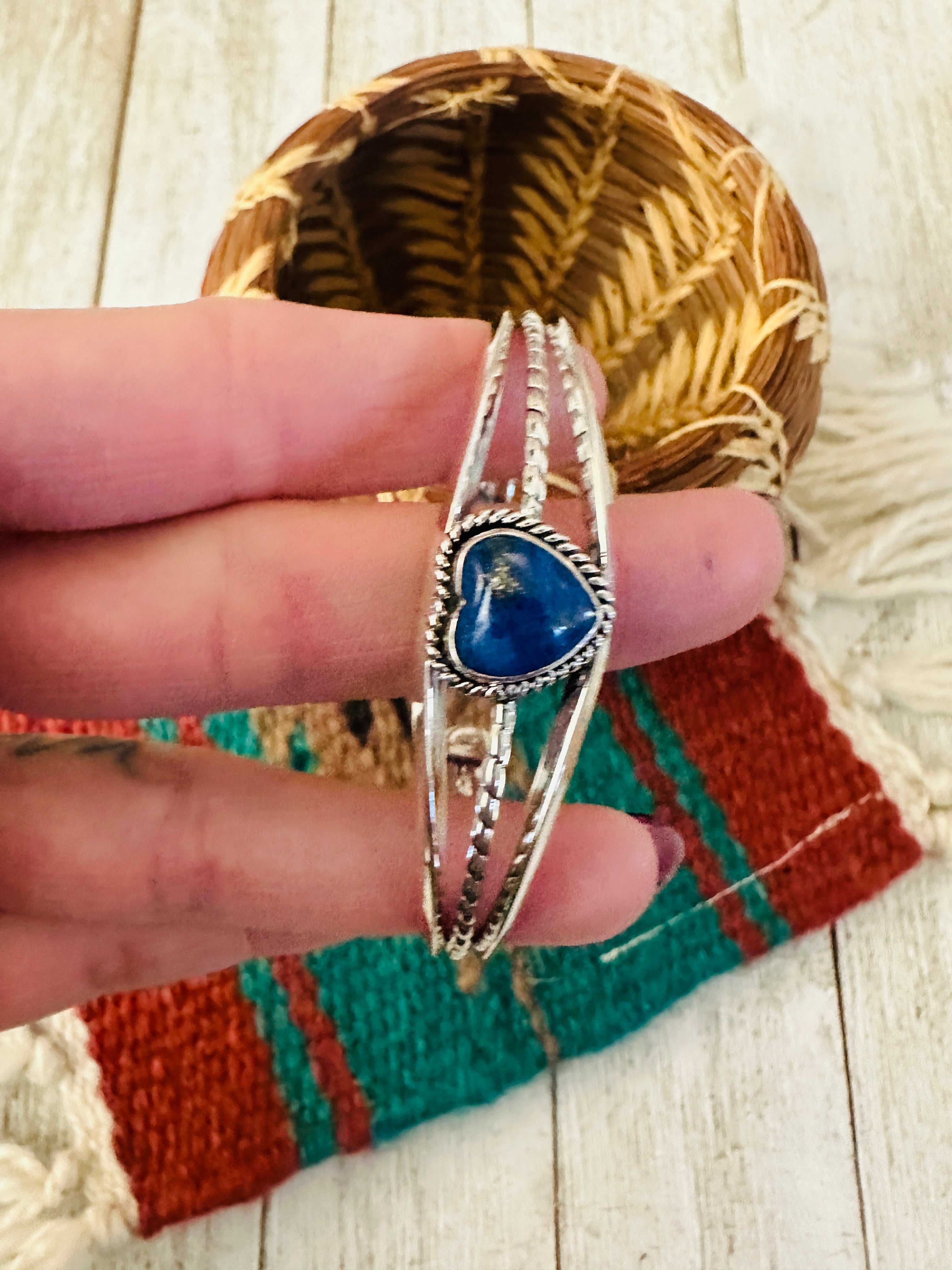 Navajo Sterling Silver & Lapis Heart Cuff Bracelet