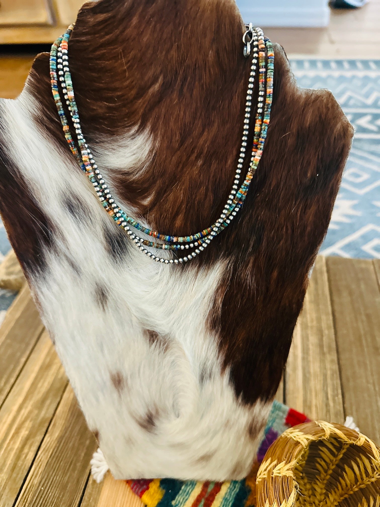 Handcrafted Turquoise, Spiny Oyster & Sterling Silver Pearl Triple-Strand 16” Beaded Necklace