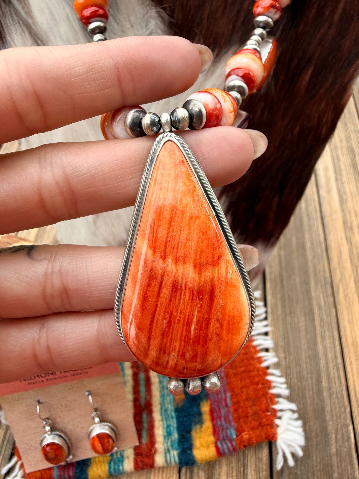 Handcrafted Spiny Oyster & Sterling Silver Beaded Necklace and Earring Set by Aaron Robeson