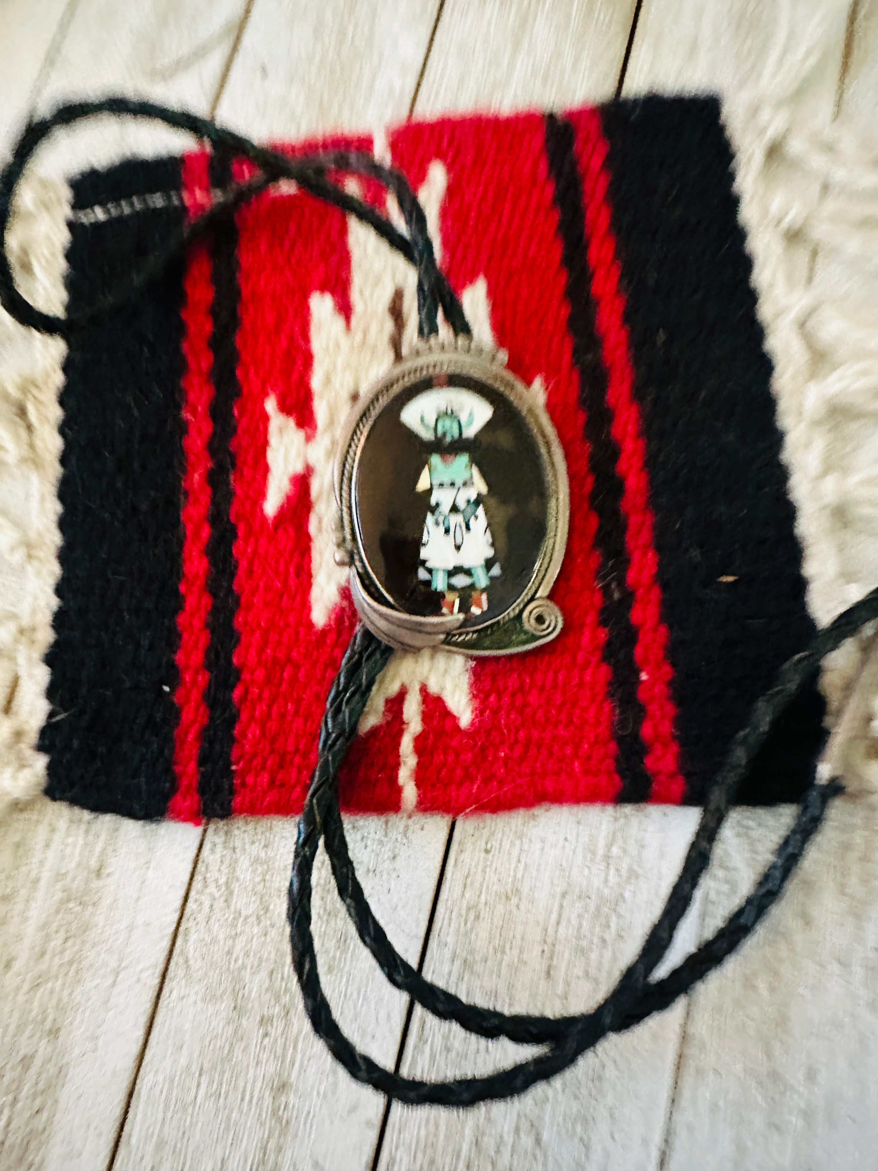 Vintage Old Pawn Sterling Silver & Multi Stone Inlay Bolo Tie