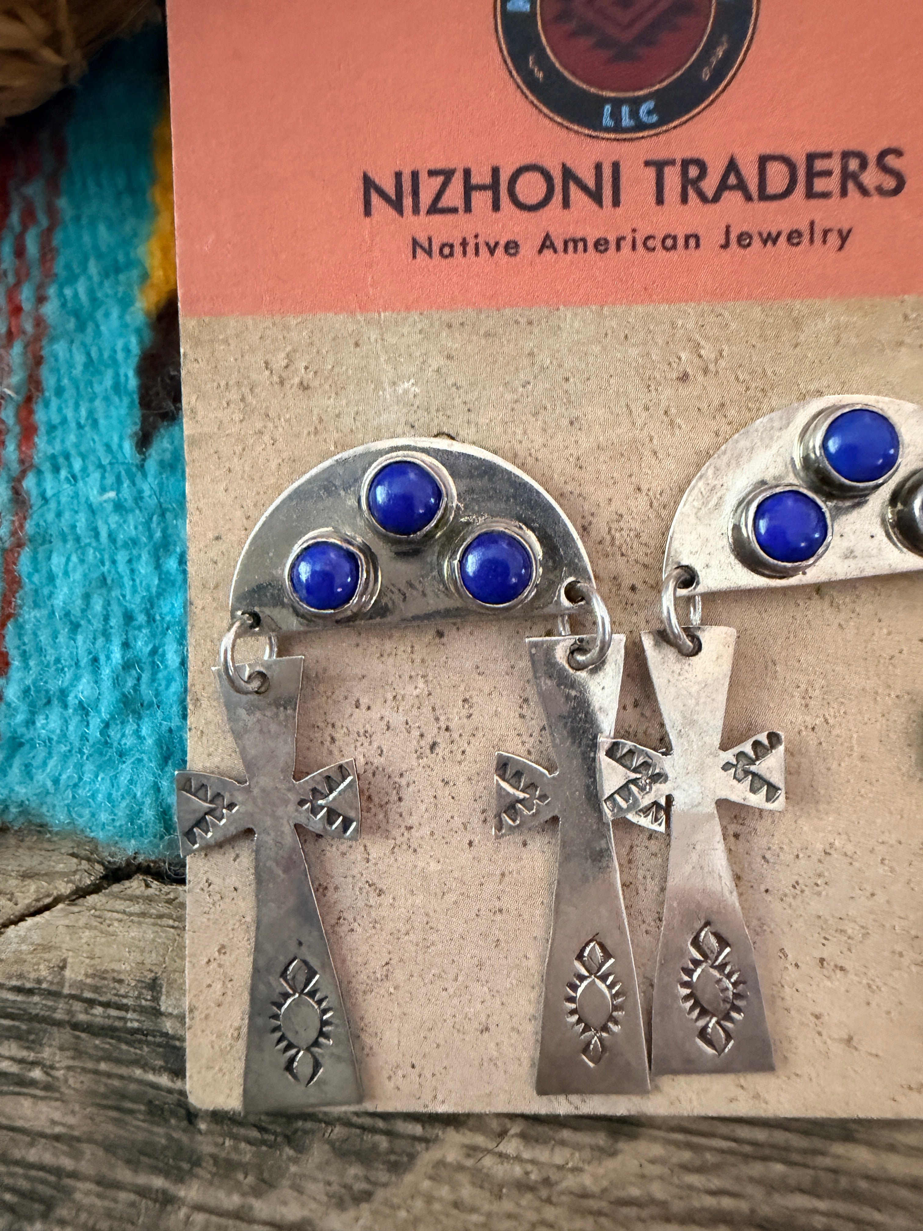 Old Pawn Handcrafted Sterling Silver & Lapis Cross Dangle Earrings