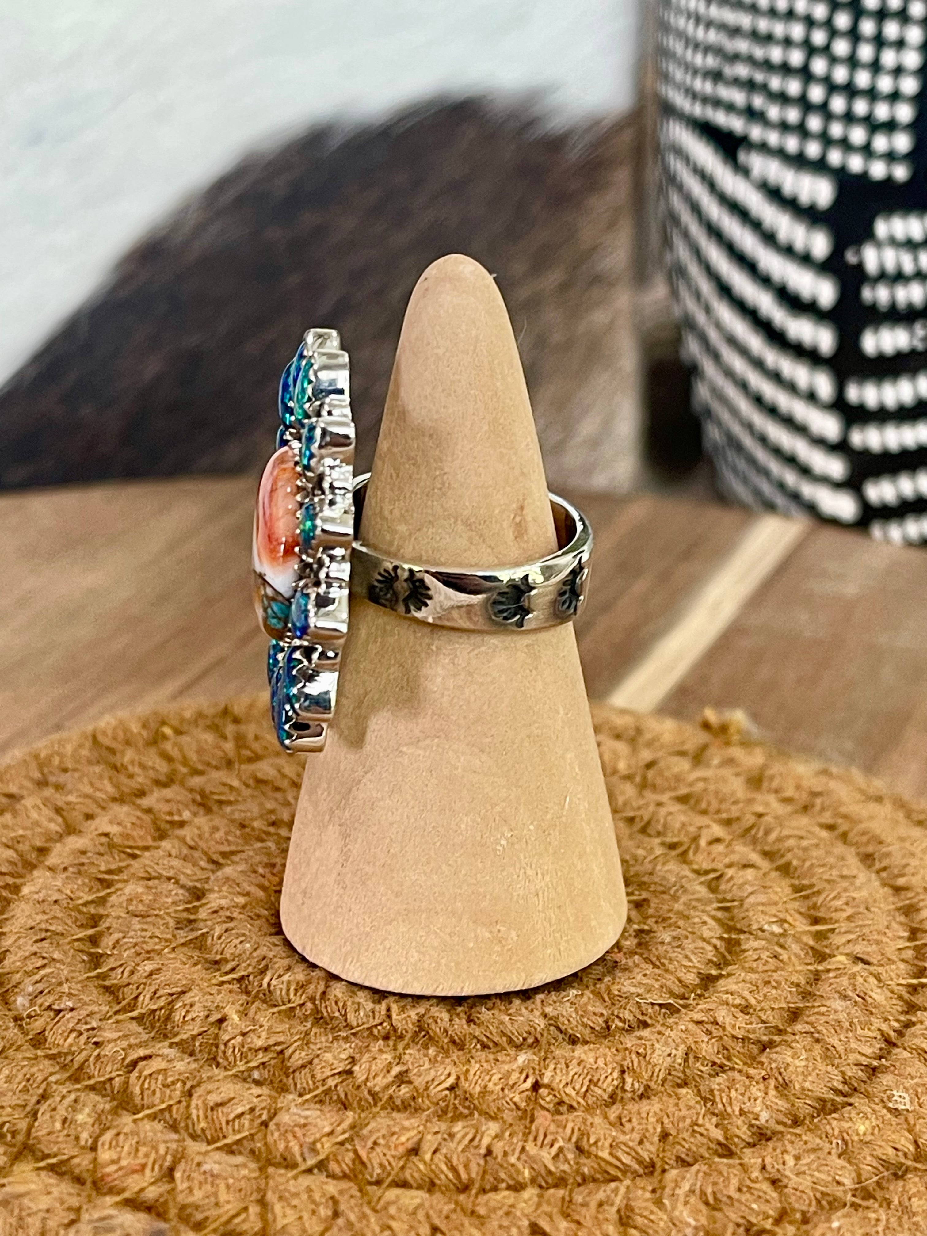 Handmade Sterling Silver, Spice & Blue Fire Opal Adjustable Ring