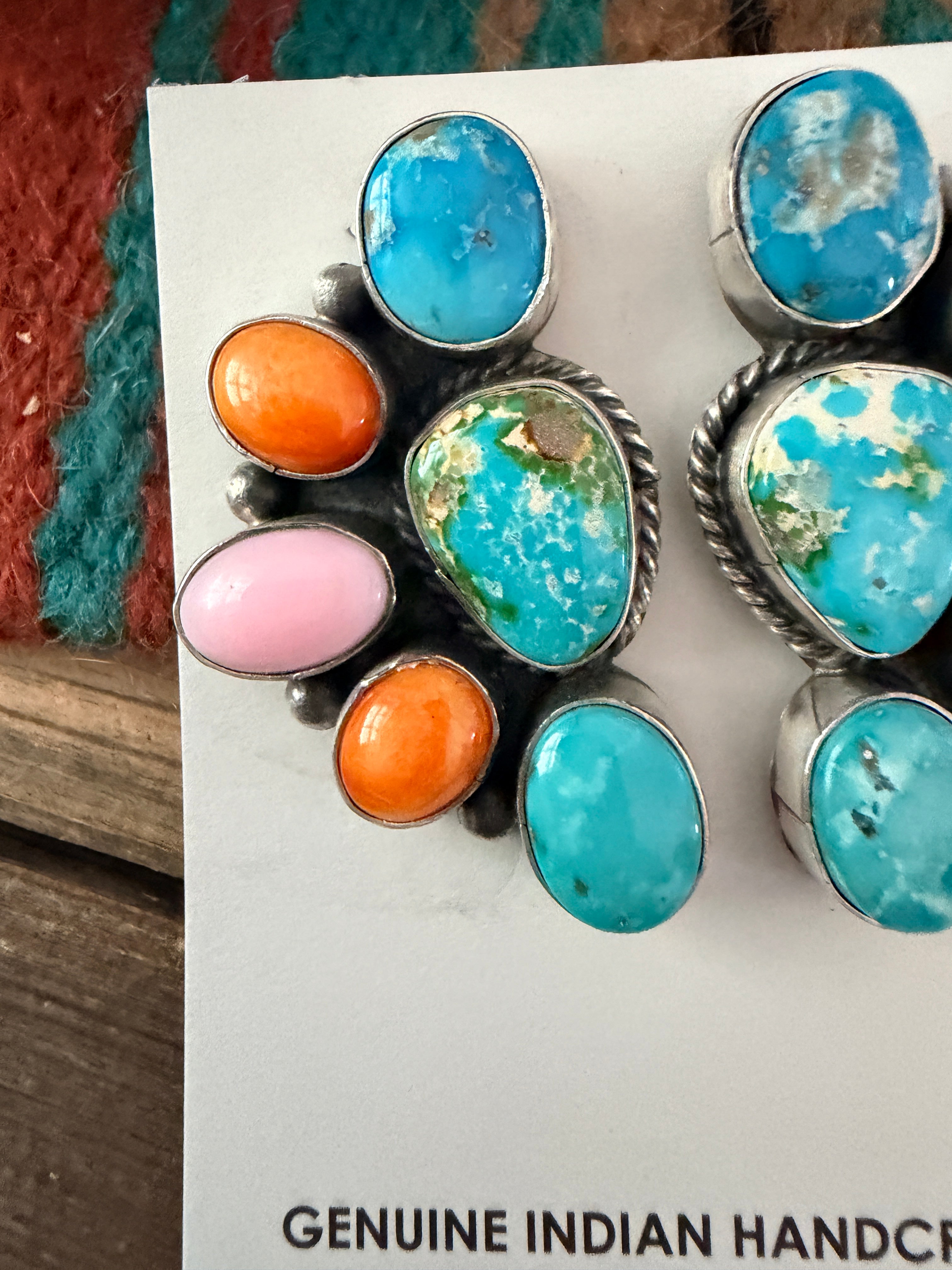 Handcrafted Turquoise, Spiny Oyster, Queen Pink Conch & Sterling Silver Post Earrings by Hiram Largo