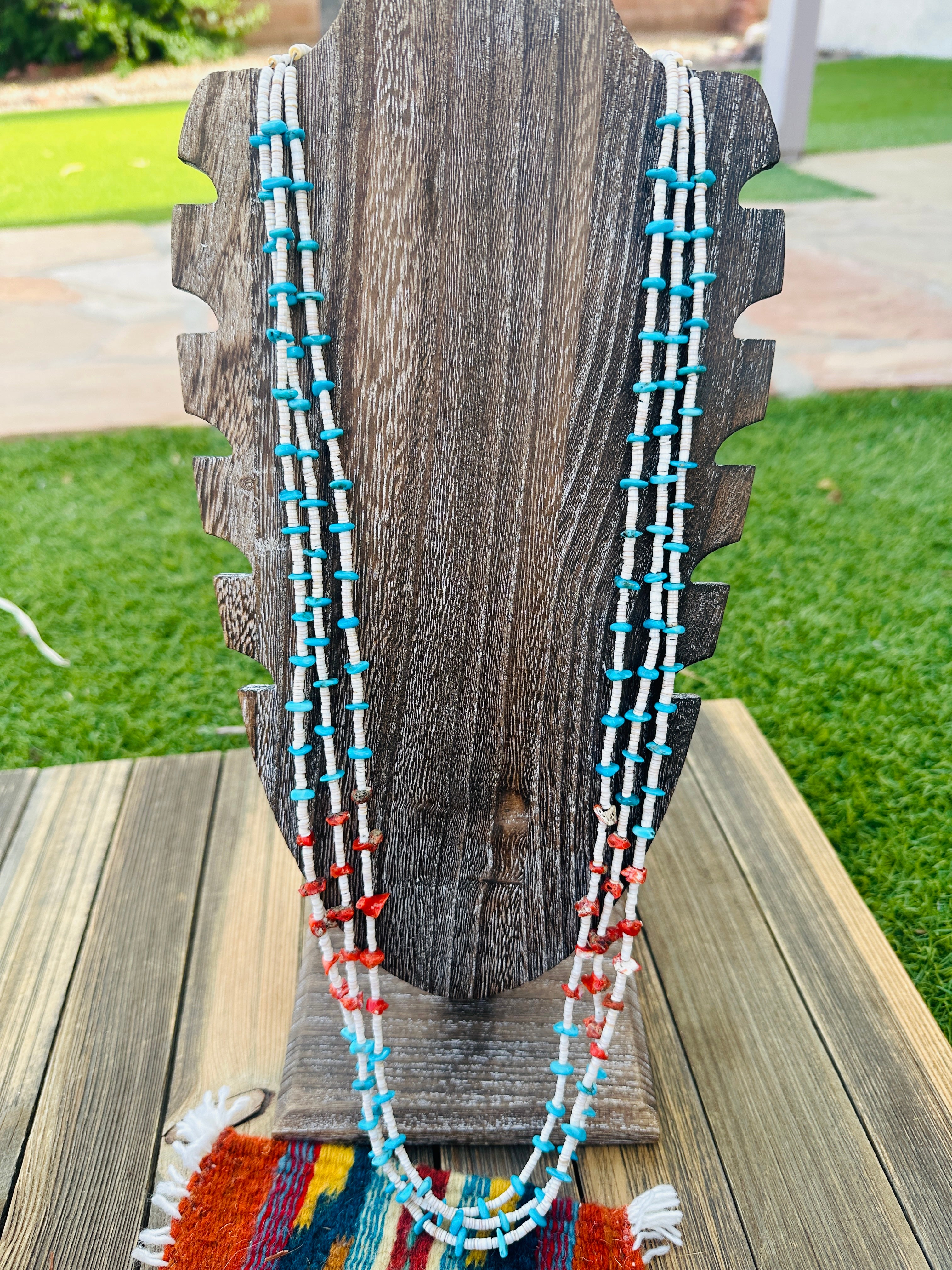 Old Pawn Handcrafted Turquoise, Coral & Heishi Beaded 36” Necklace