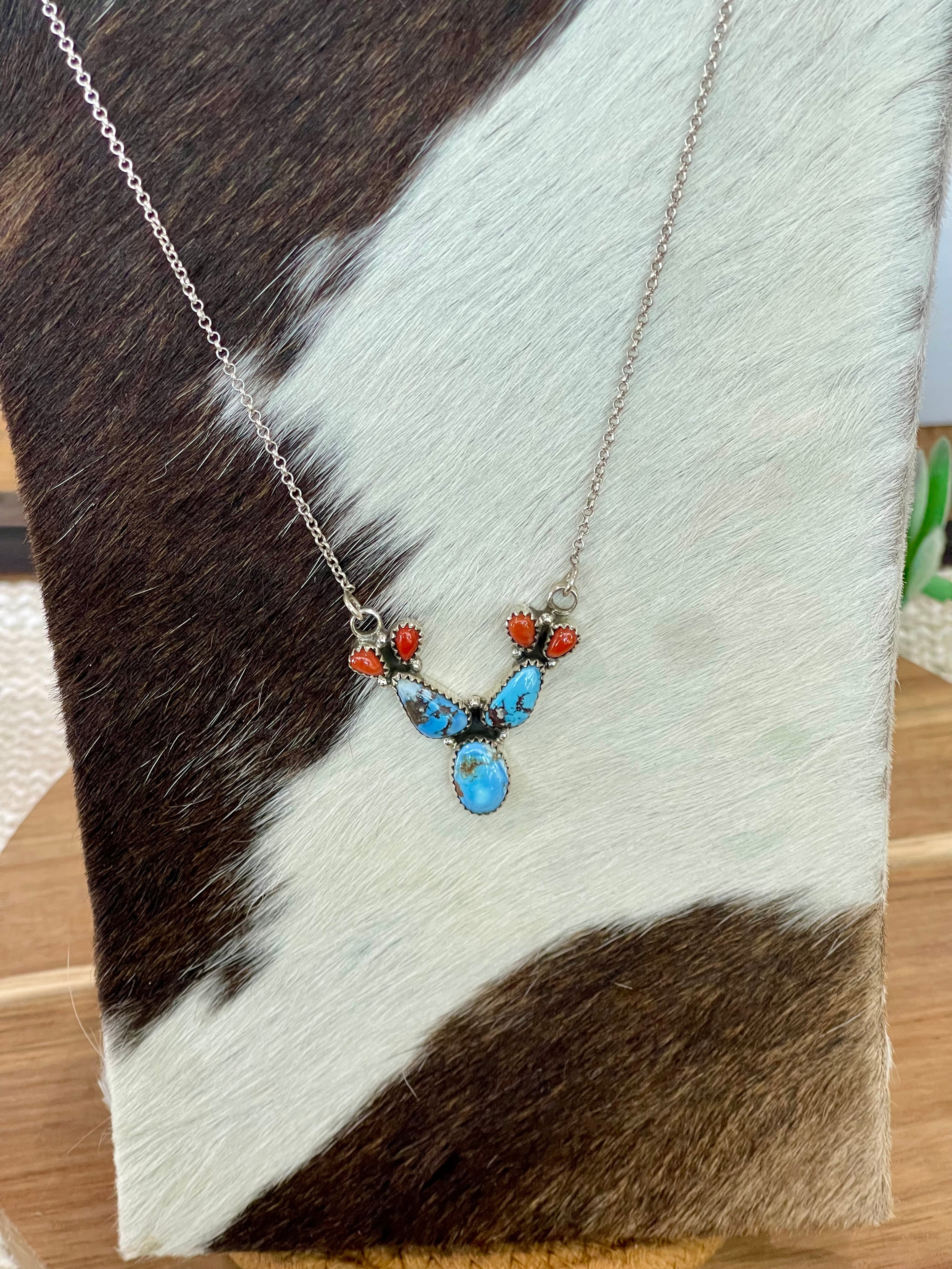 Handmade Sterling Silver, Golden Hills Turquoise & Coral Necklace Signed Nizhoni