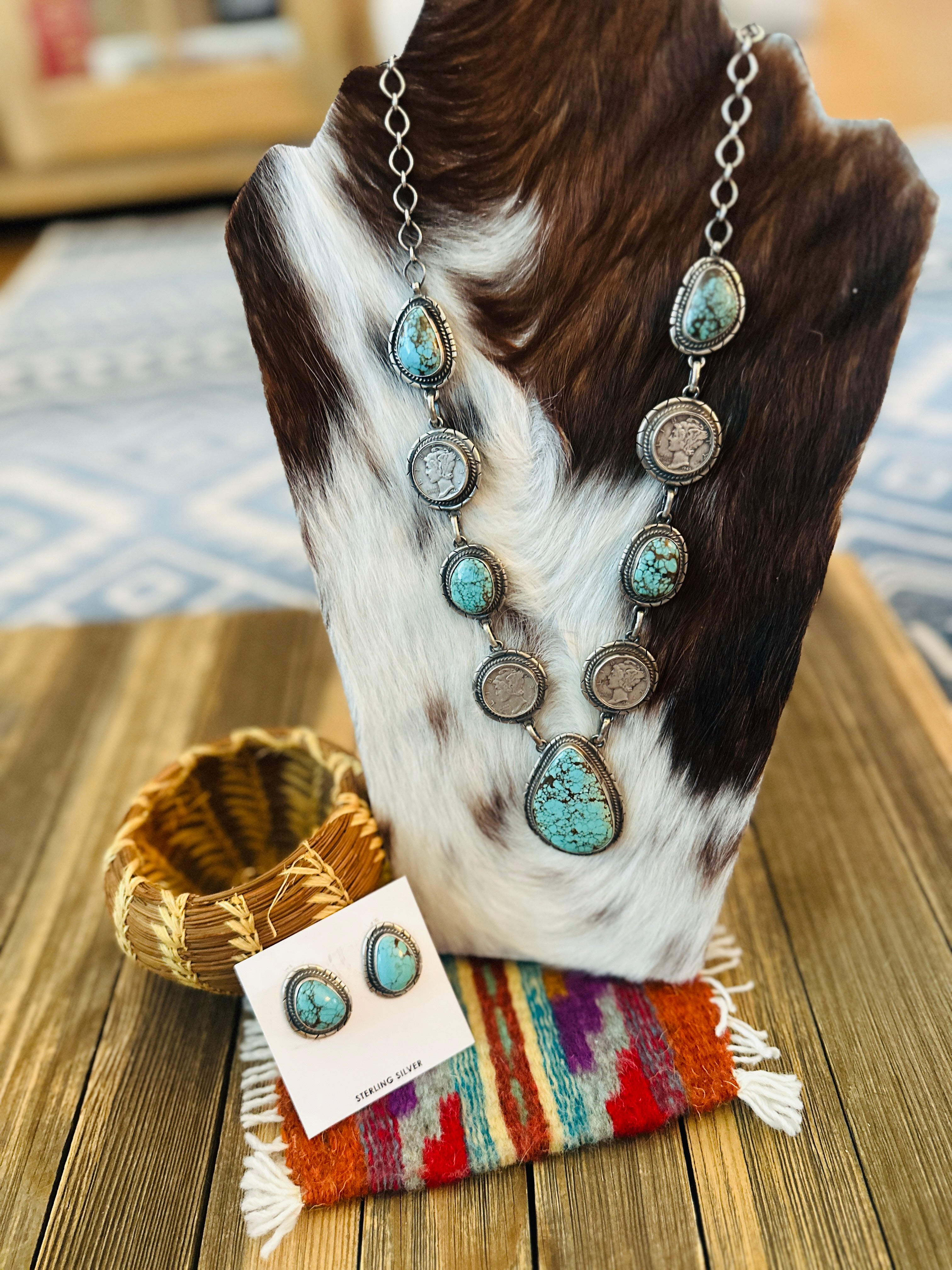Handcrafted Turquoise & Sterling Silver Liberty Dime Beaded Necklace and Earrings Set