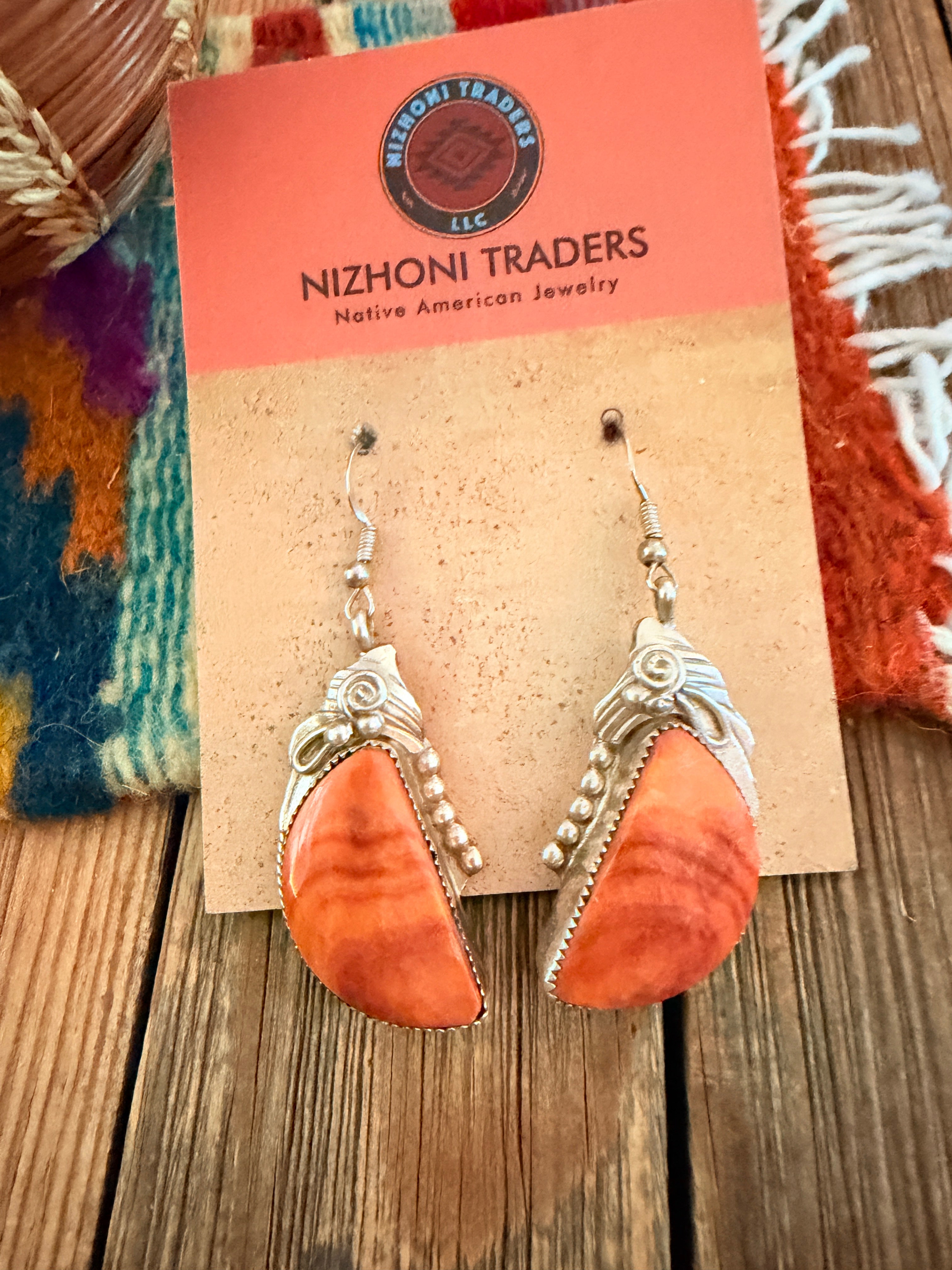 Handcrafted Old Pawn Orange Spiny Oyster & Sterling Silver Dangle Earrings