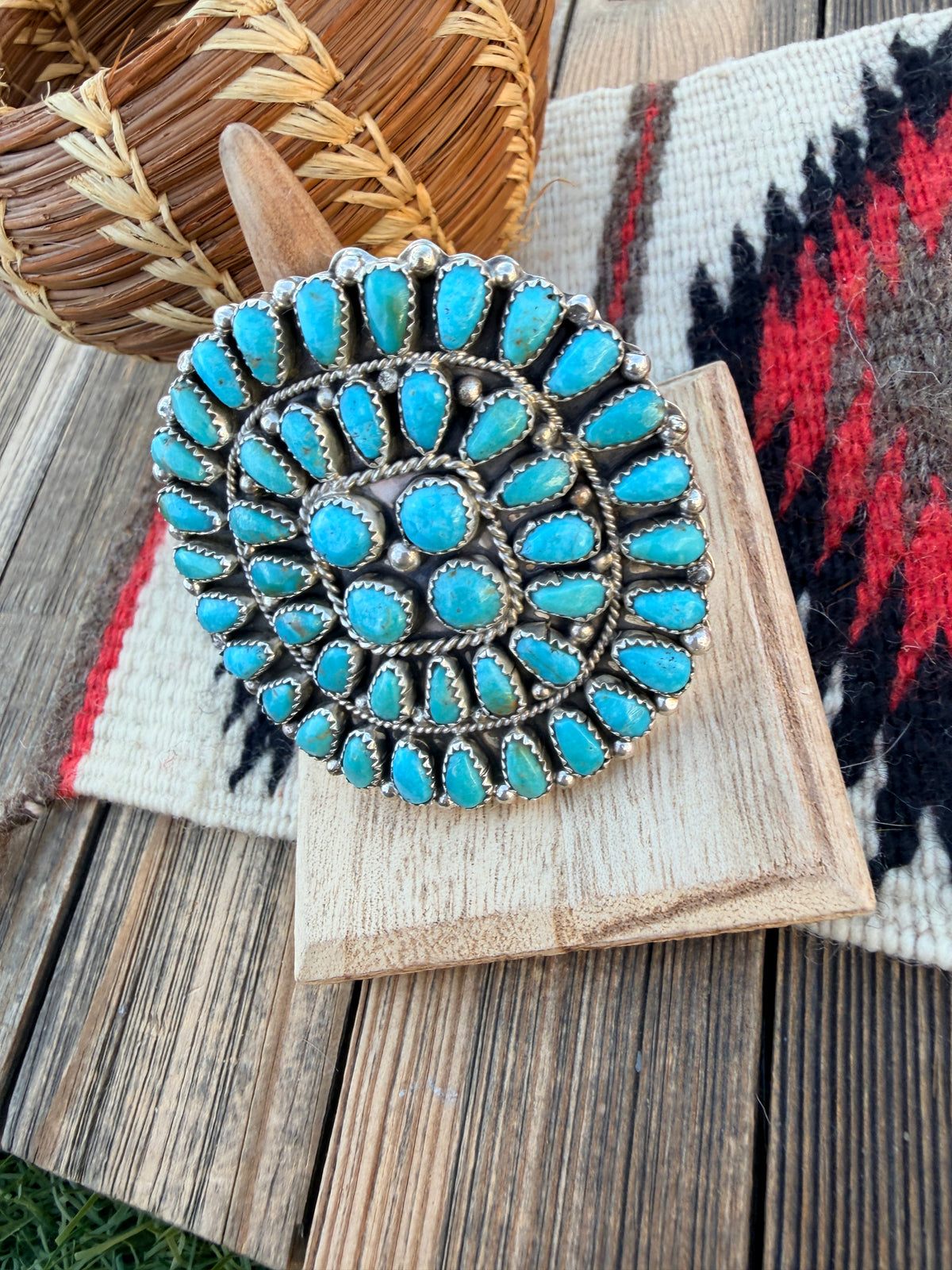 Handcrafted Turquoise & Sterling Silver Cluster Adjustable Ring by Eunice Wilson