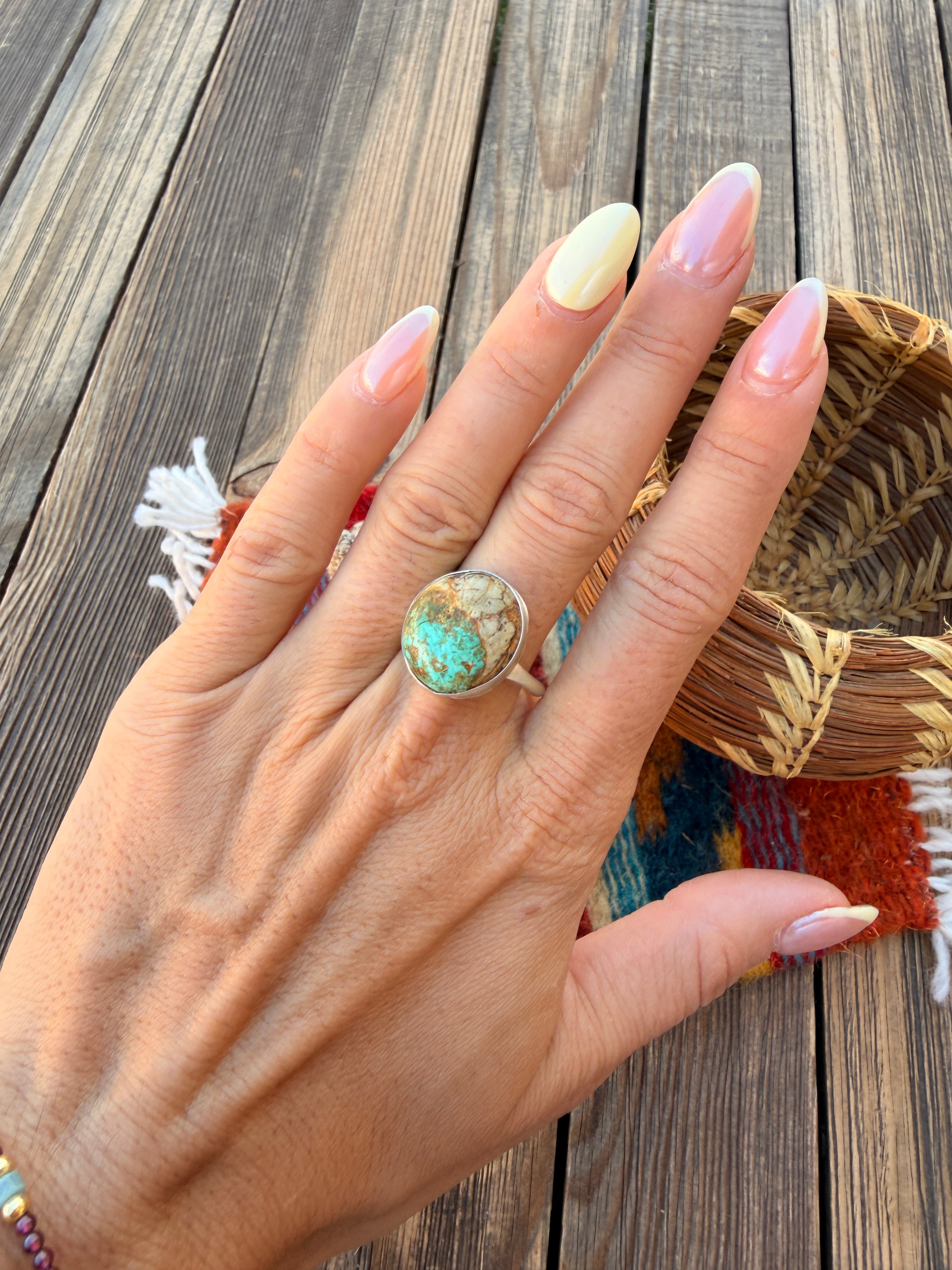 Handcrafted Turquoise & Sterling Silver Ring Size 9