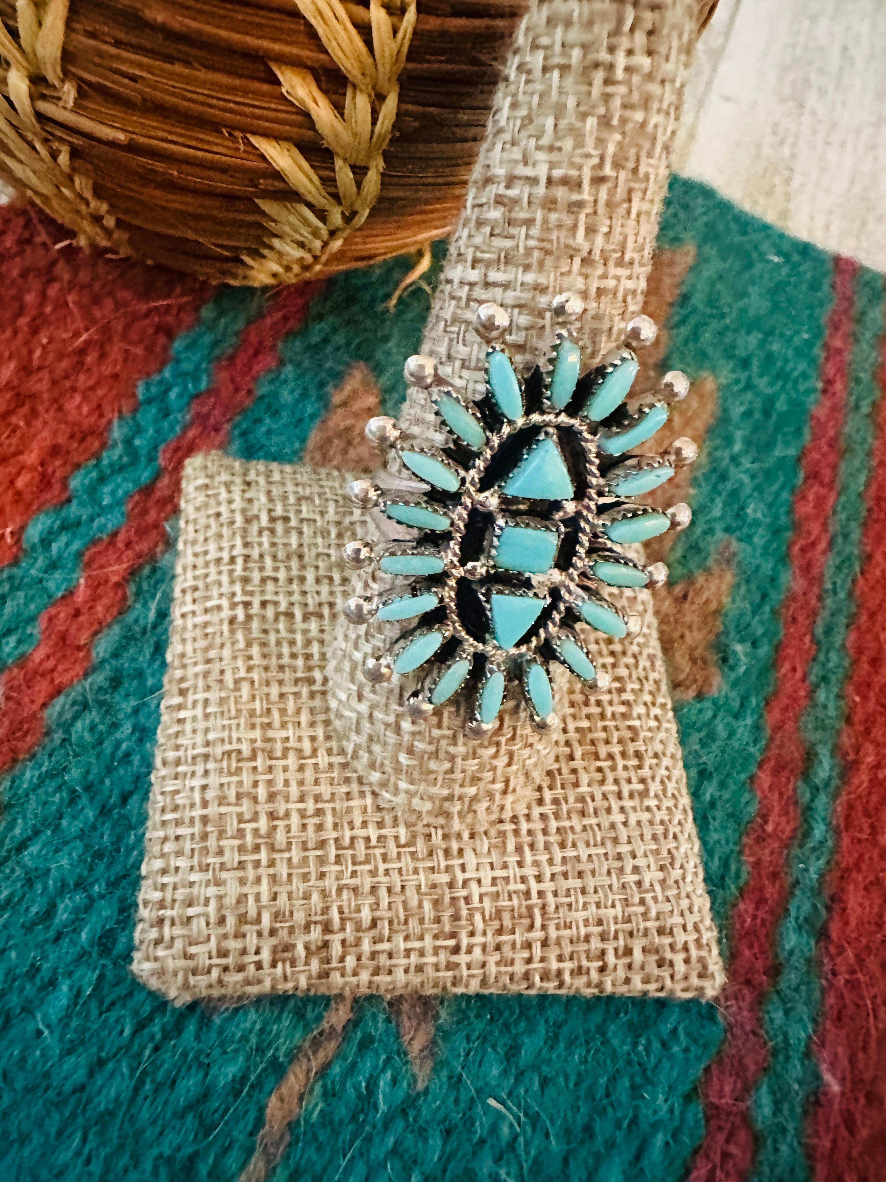 Handcrafted Sterling Silver & Turquoise Needlepoint Ring Size 9.5