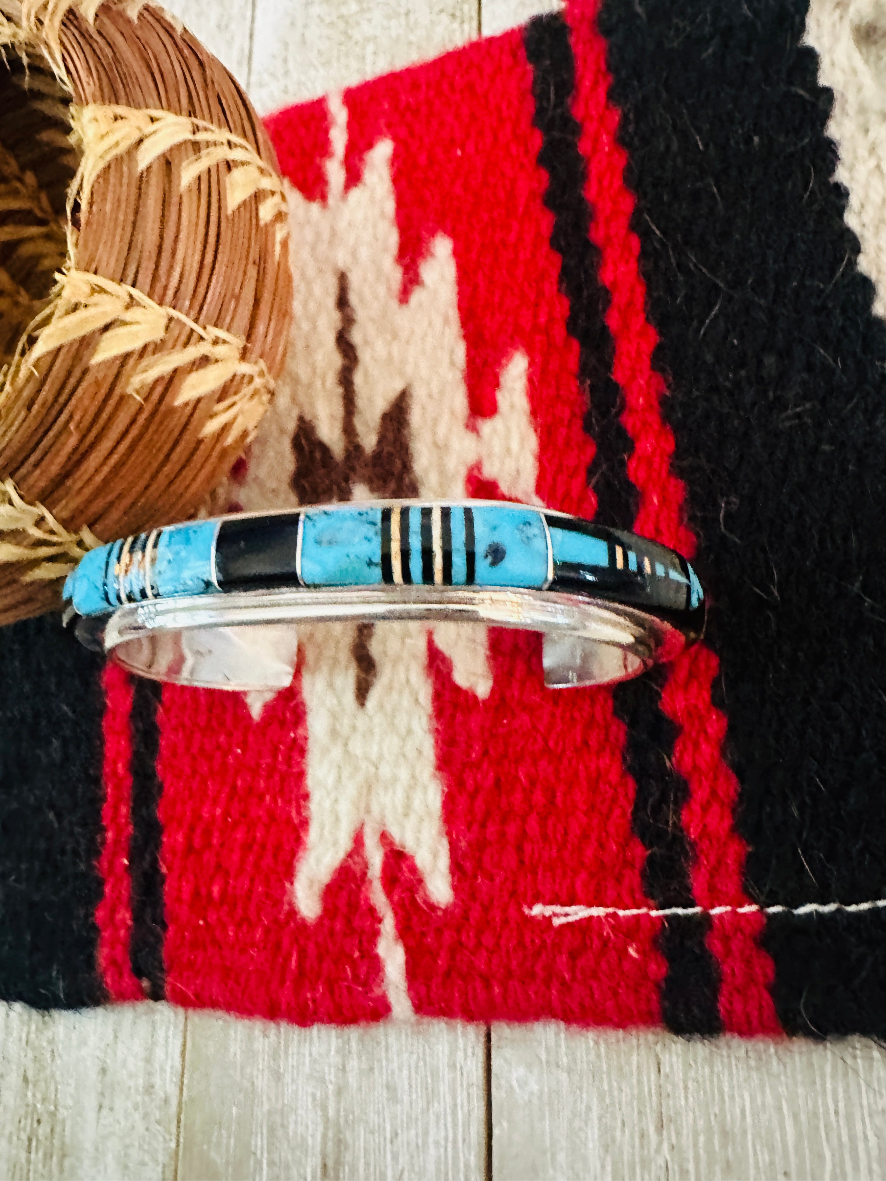 Handcrafted Multi Stone & Sterling Silver Inlay Cuff Bracelet by Ray Jack