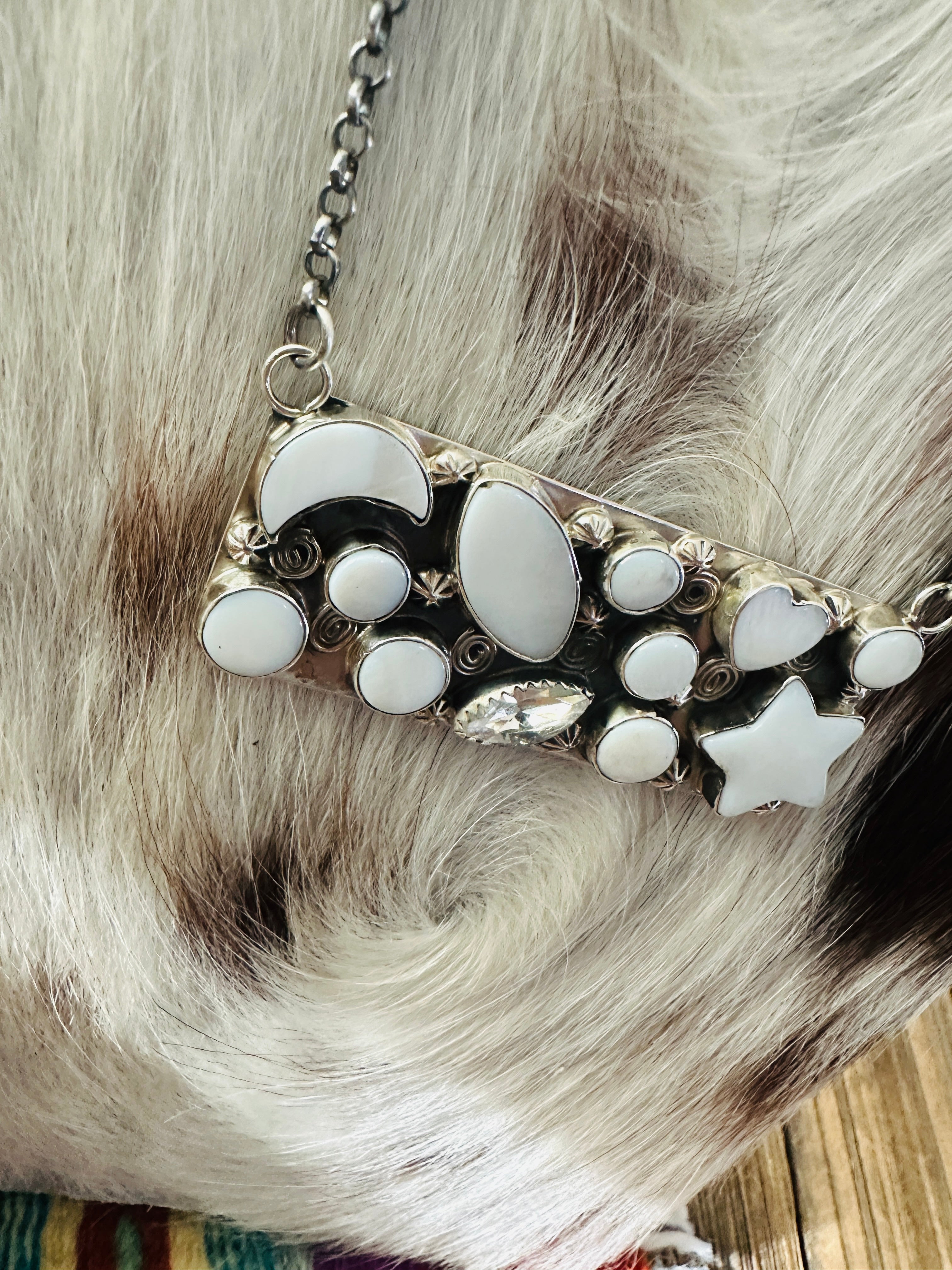 Handcrafted Mother of Pearl, CZ & Sterling Silver Bar Necklace by Jacqueline Silver