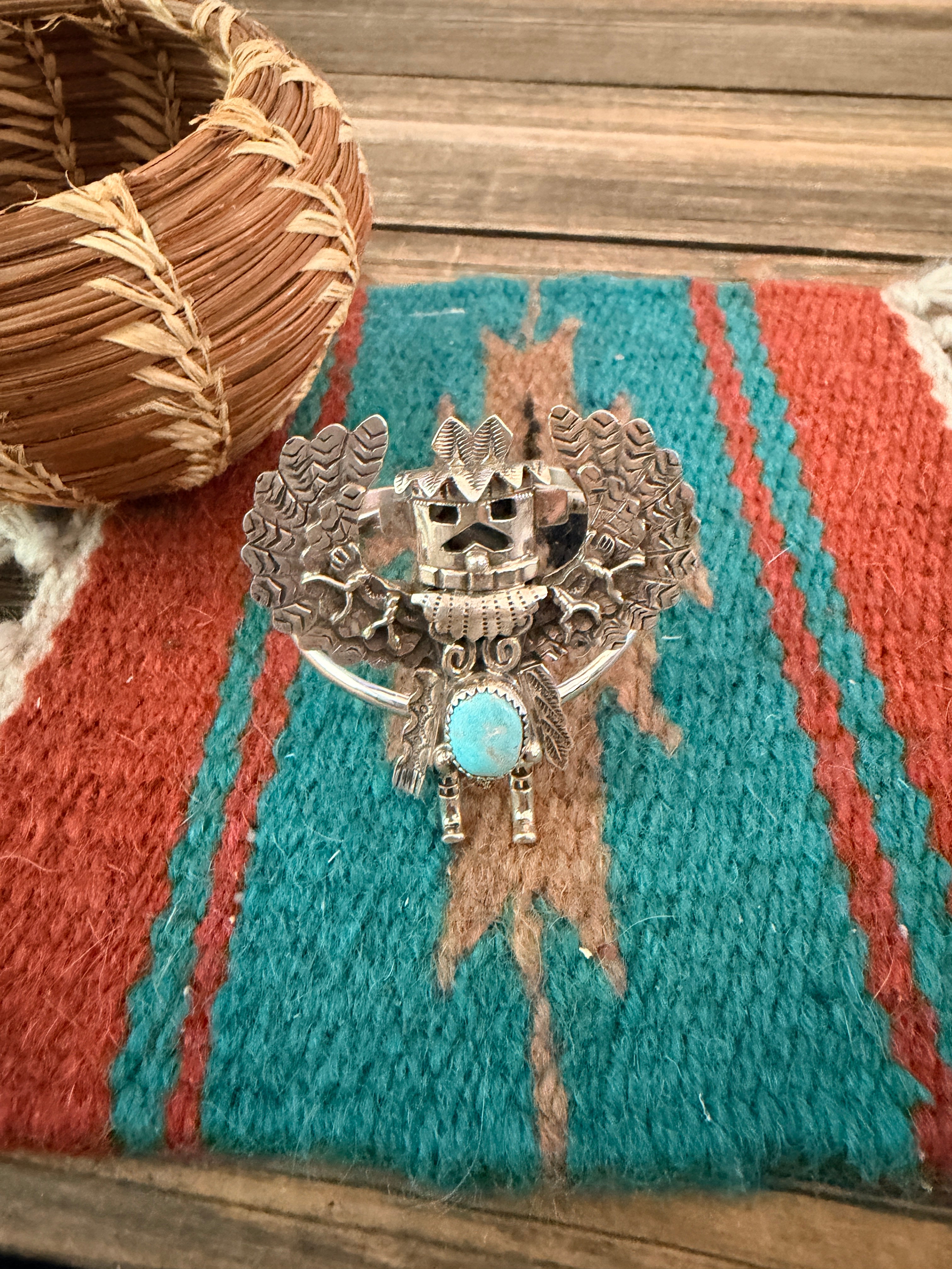 Handcrafted Old Pawn Sterling Silver & Turquoise Kokopelli Cuff Bracelet