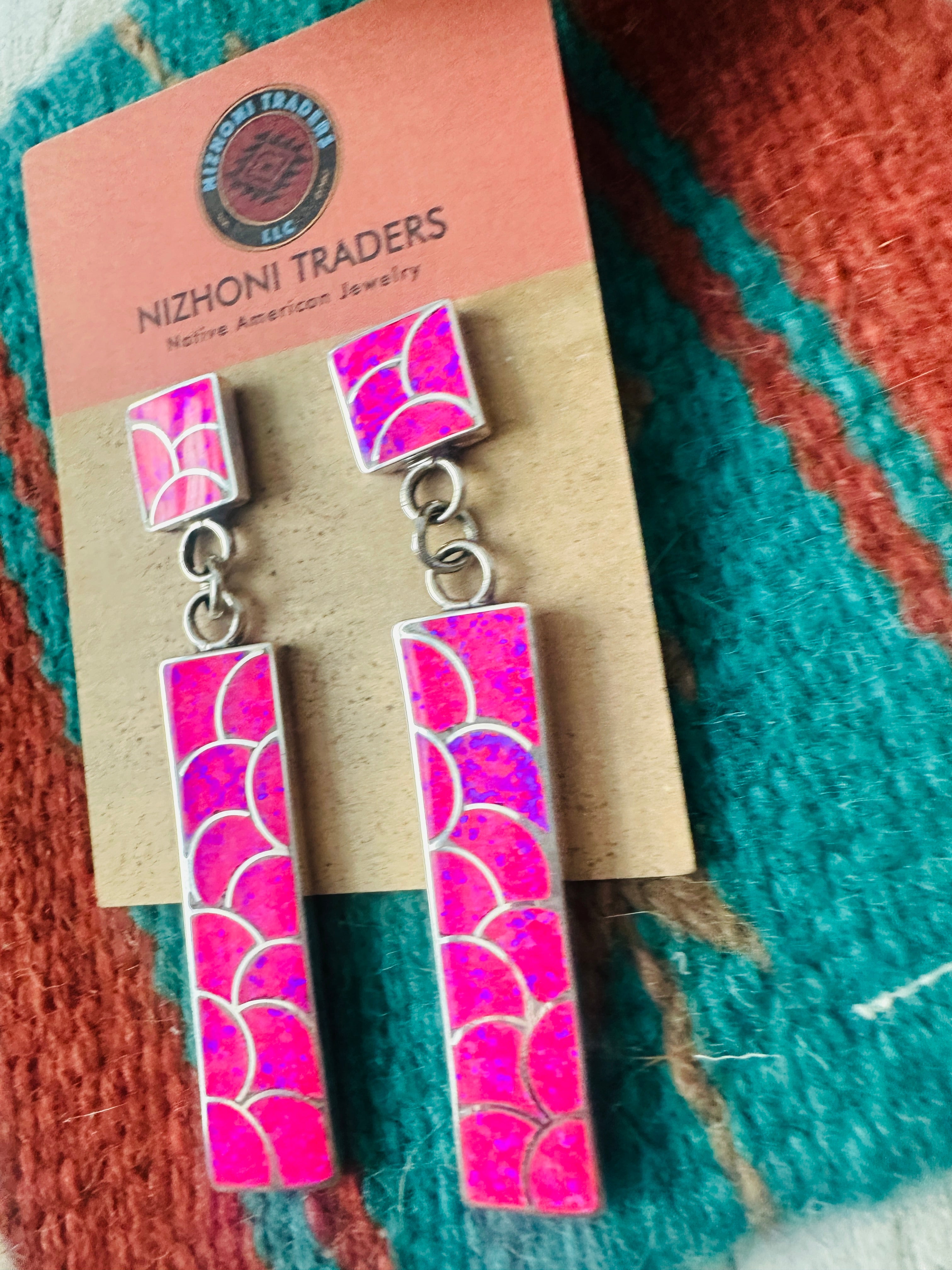 Handcrafted Sterling Silver & Pink Fire Opal Inlay Dangle Earrings