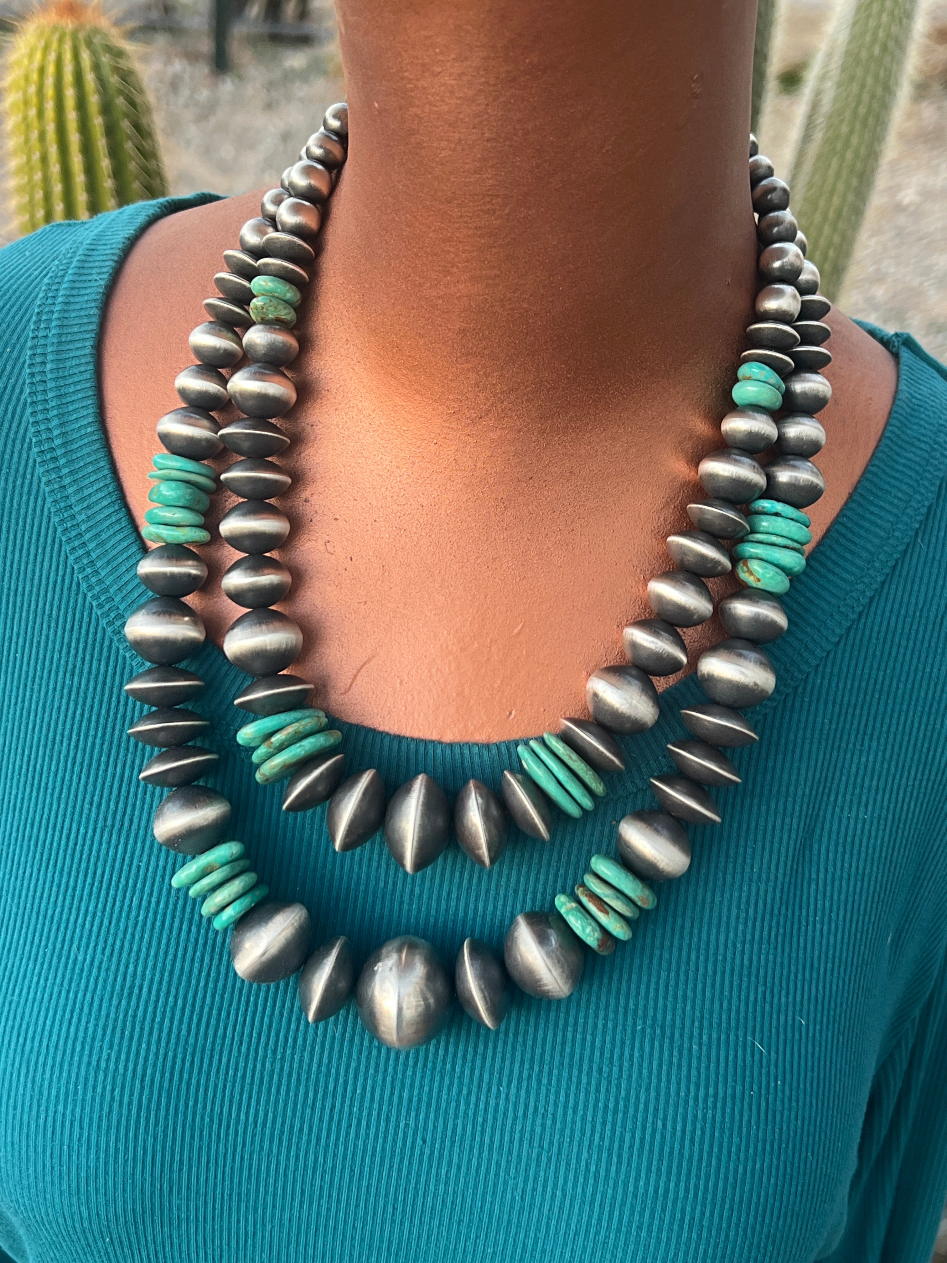 Handcrafted Chunky Sterling Silver and Kingman Turquoise Beaded Necklace by Rose Martin, 19 and 22 inches