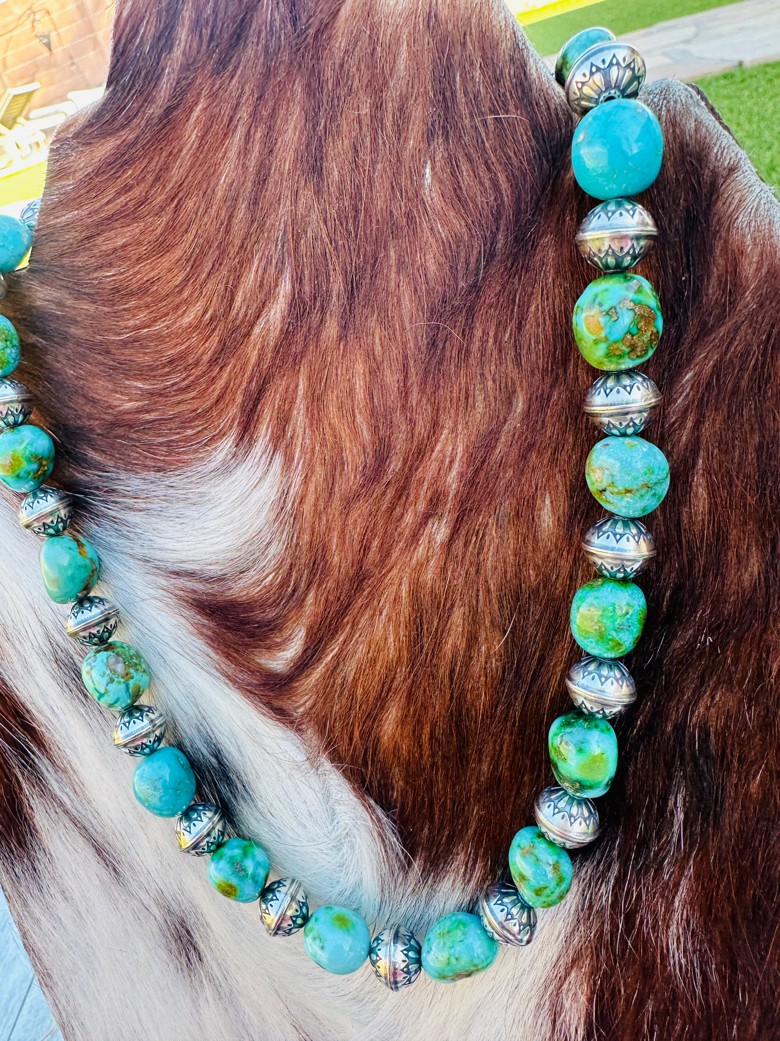 Handcrafted Sonoran Mountain Turquoise & Sterling Silver Pearl Beaded Necklace 16”