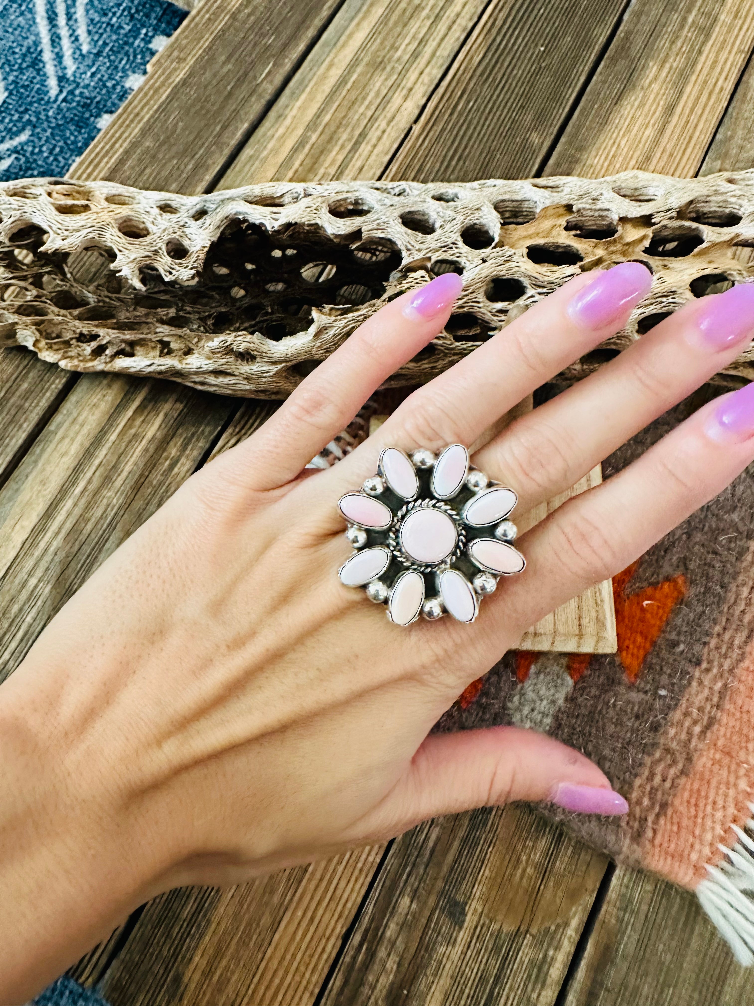 Handcrafted Sterling Silver and Queen Pink Conch Shell Adjustable Flower Ring